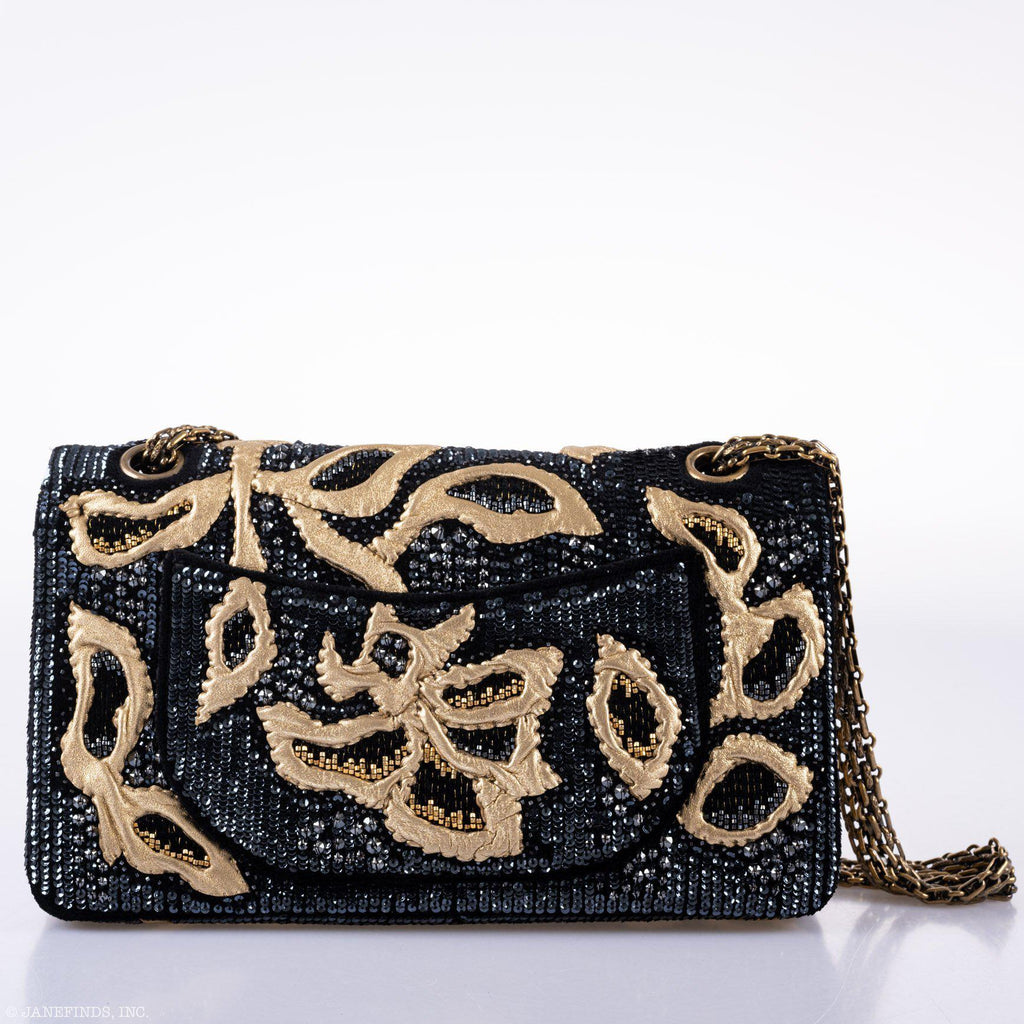 CHANEL Reissue 2.55 Flap Bag Black Velvet Gold Sequins Embroidered