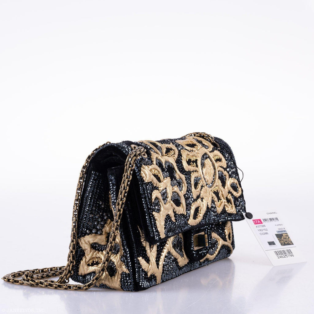 CHANEL Reissue 2.55 Flap Bag Black Velvet Gold Sequins Embroidered