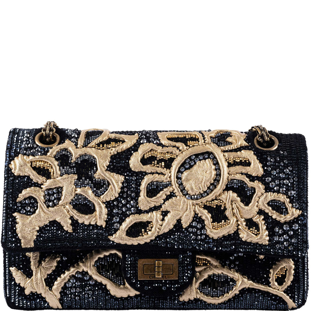 CHANEL Reissue 2.55 Flap Bag Black Velvet Gold Sequins Embroidered