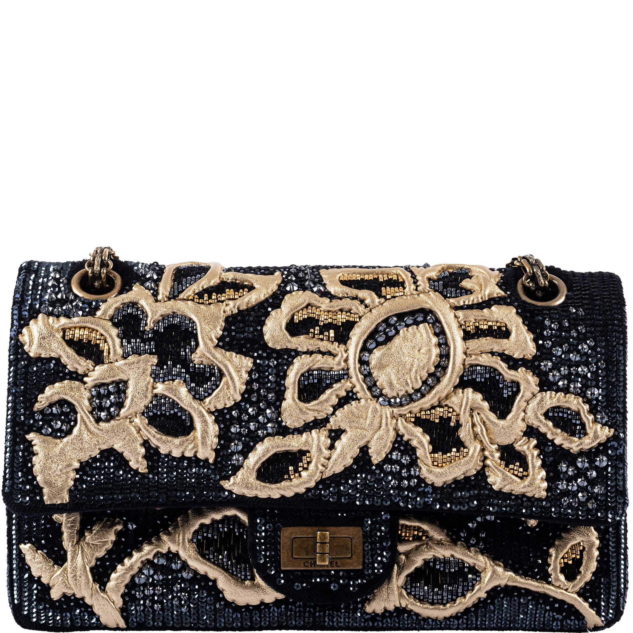 CHANEL Reissue 2.55 Flap Bag Black Velvet Gold Sequins Embroidered