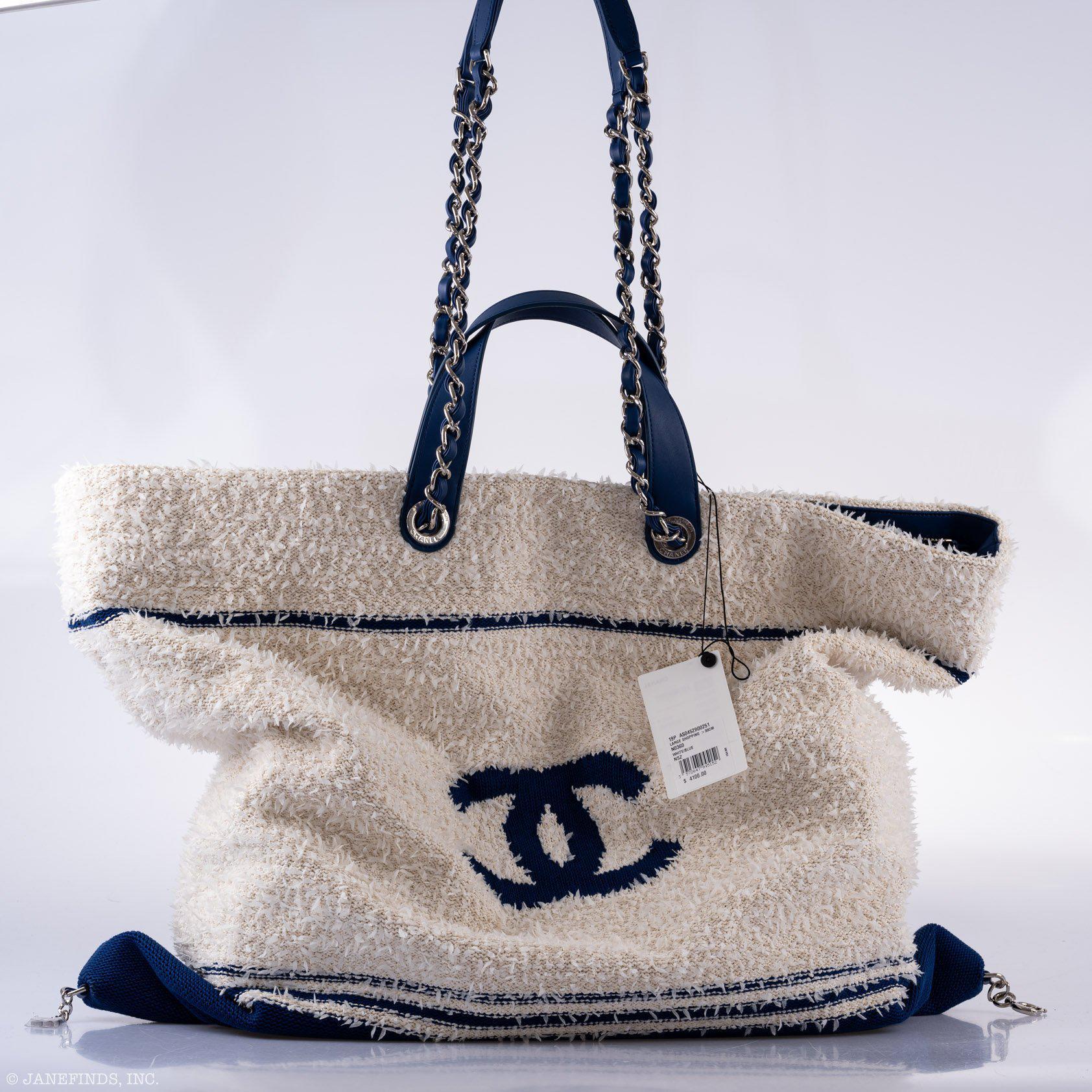 CHANEL Venise Biarritz Shopping Tote Terry Cloth Blue & White Large