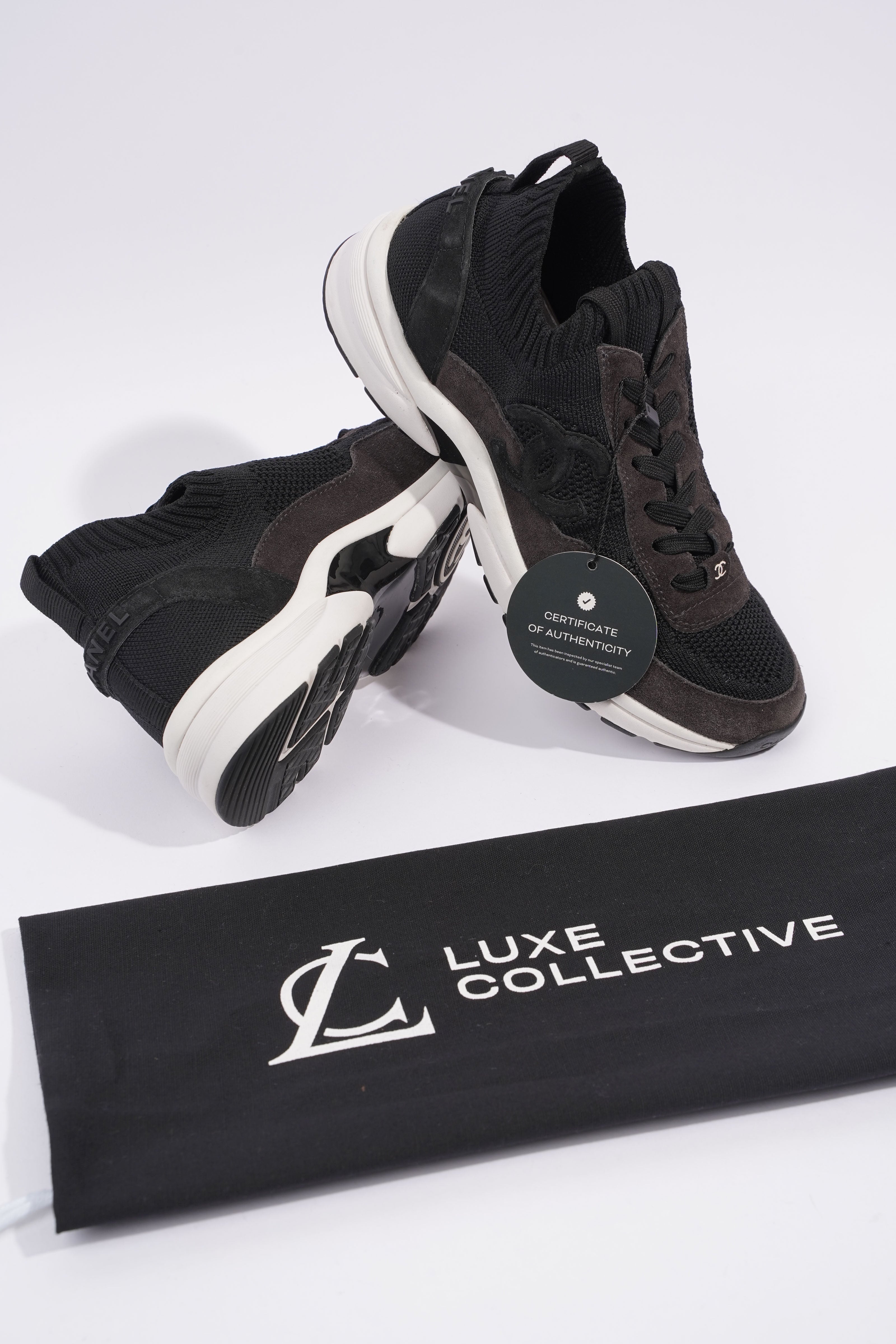 Chanel CC Logo Knit Sneaker Black / White Suede EU 37.5 UK 4.5