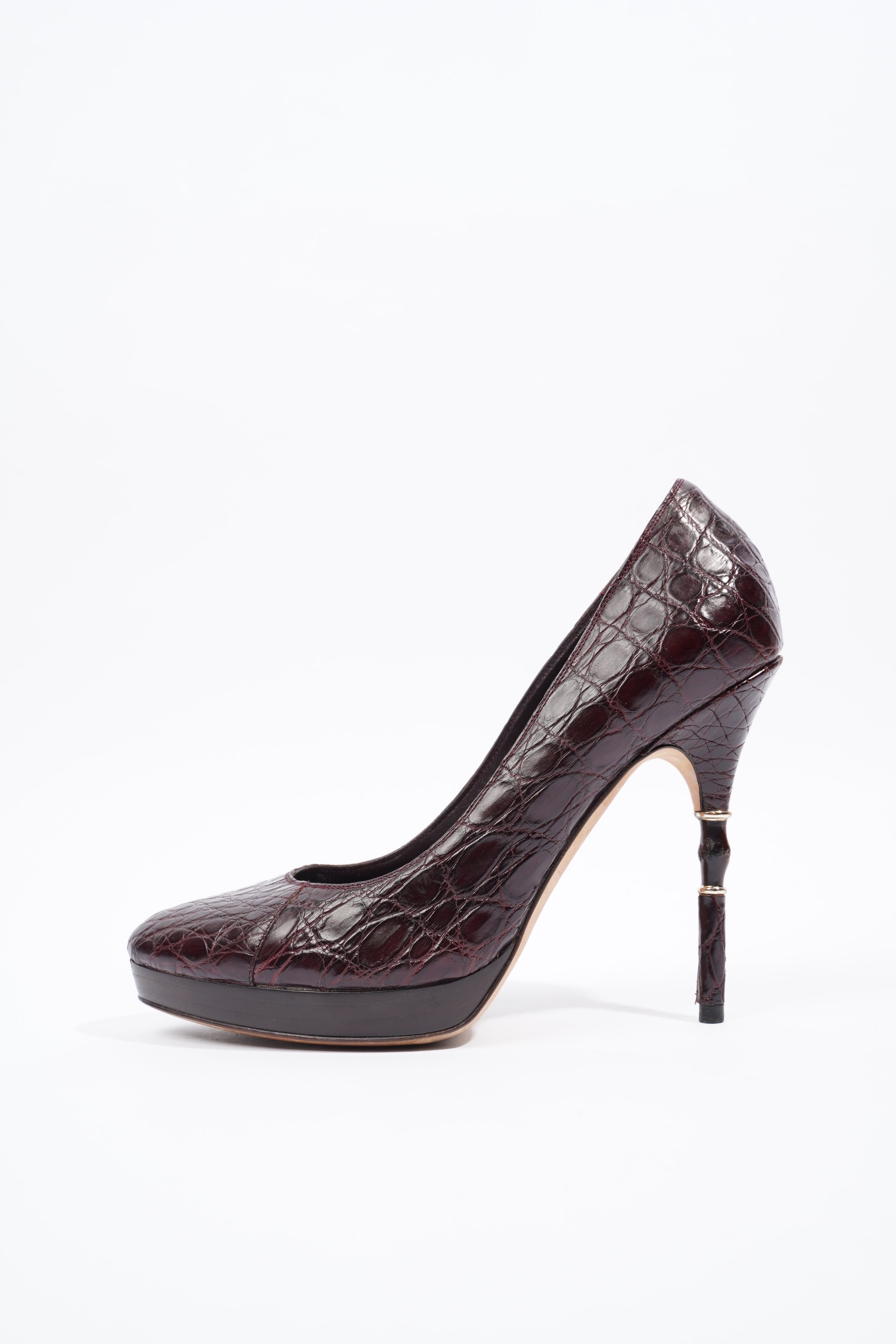 Gucci Bamboo Heel Pump Purple Embossed Leather EU 37 UK 4