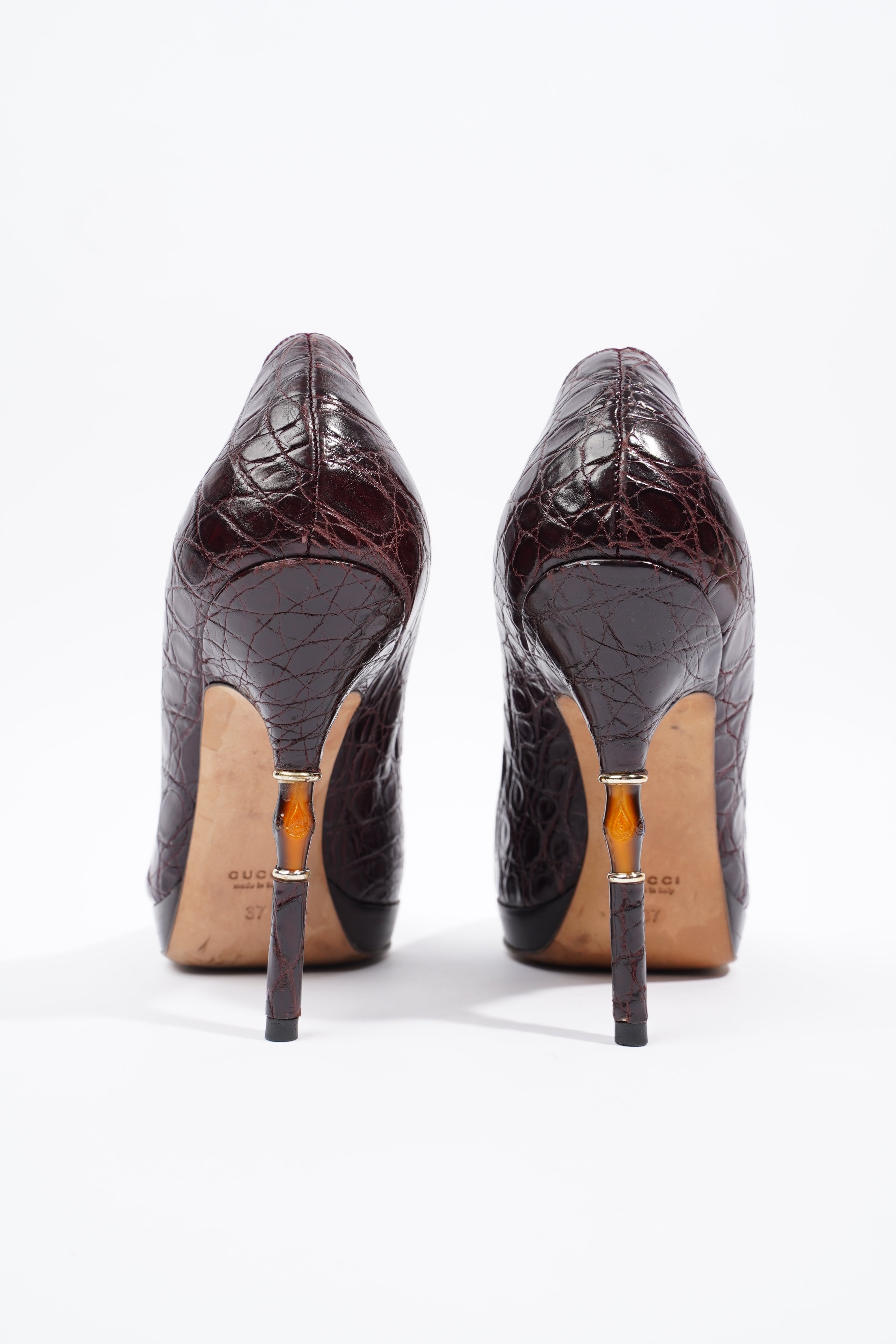 Gucci Bamboo Heel Pump Purple Embossed Leather EU 37 UK 4