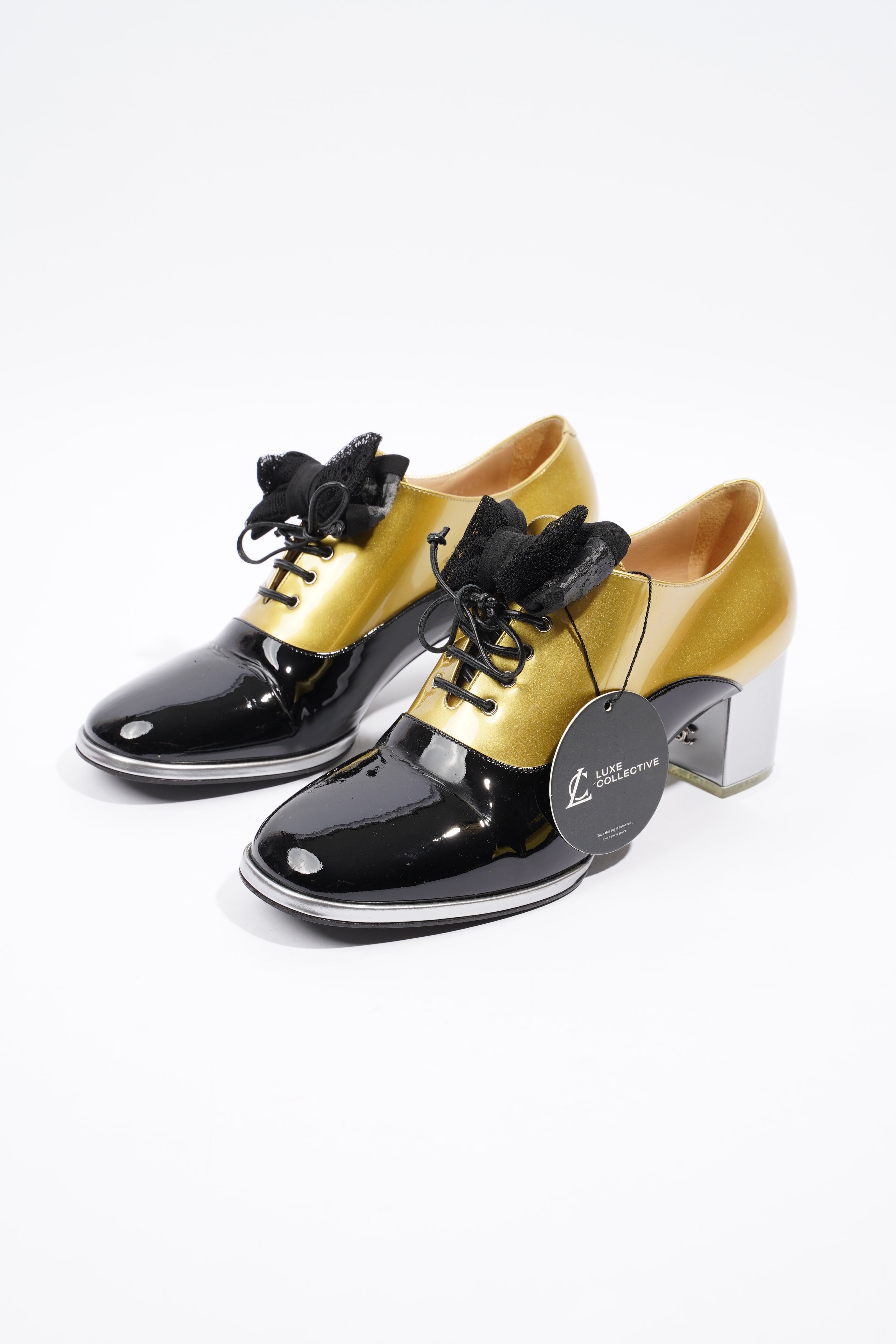 Chanel Oxford Pumps Gold / Black Patent Leather EU 38.5 UK 5.5