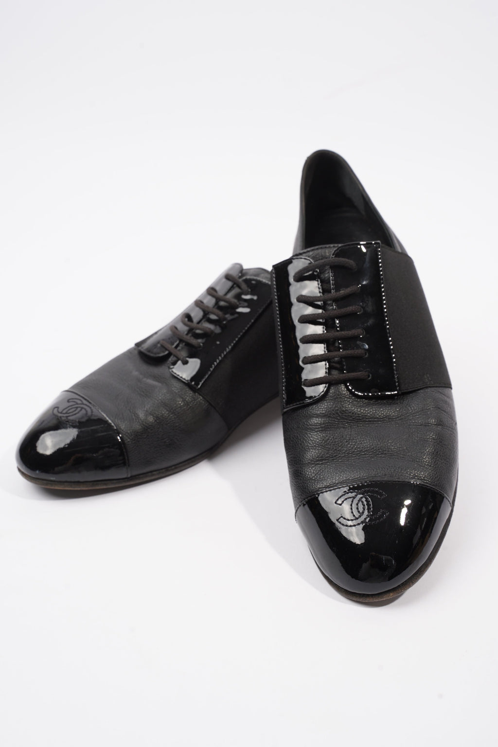 Chanel Patent Toe Cap Lace Up Shoes Black Leather EU 41.5 UK 8.5