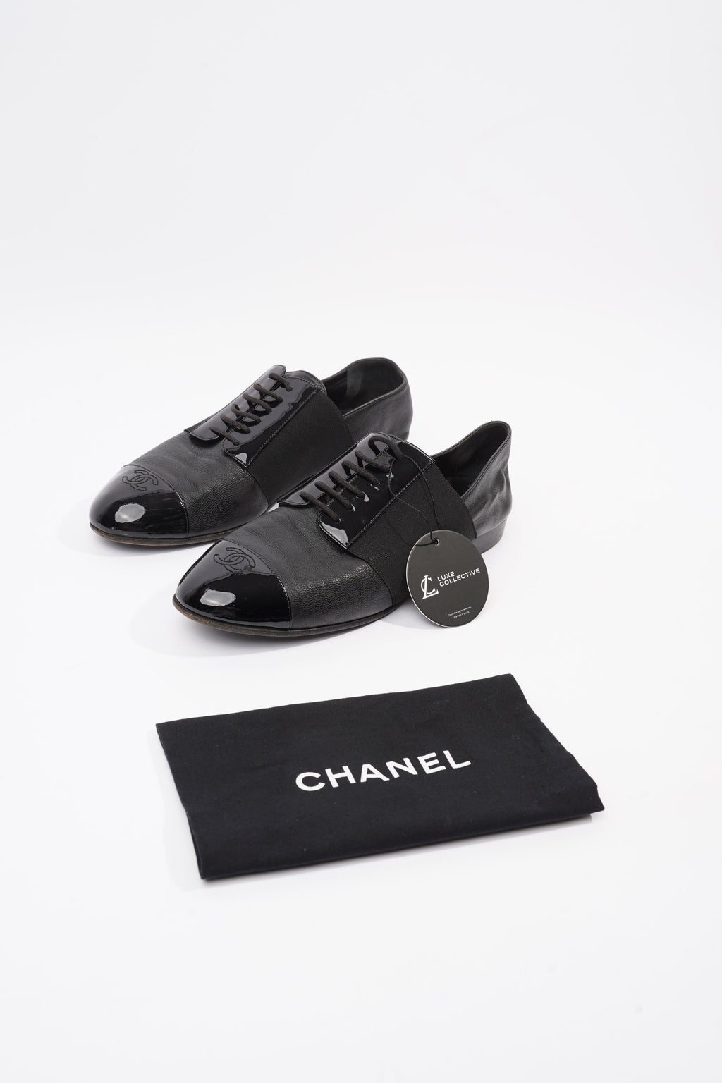 Chanel Patent Toe Cap Lace Up Shoes Black Leather EU 41.5 UK 8.5