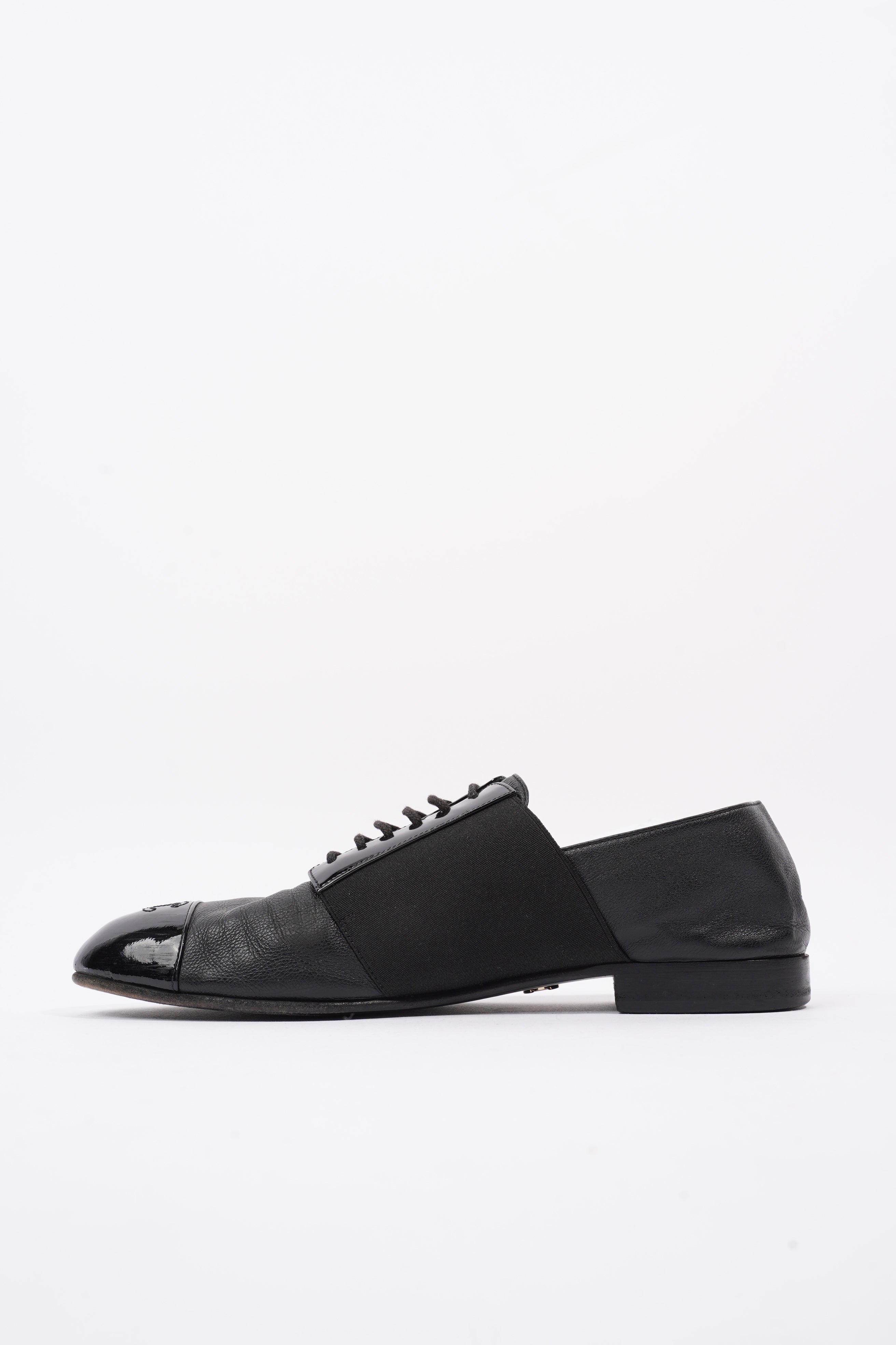Chanel Patent Toe Cap Lace Up Shoes Black Leather EU 41.5 UK 8.5