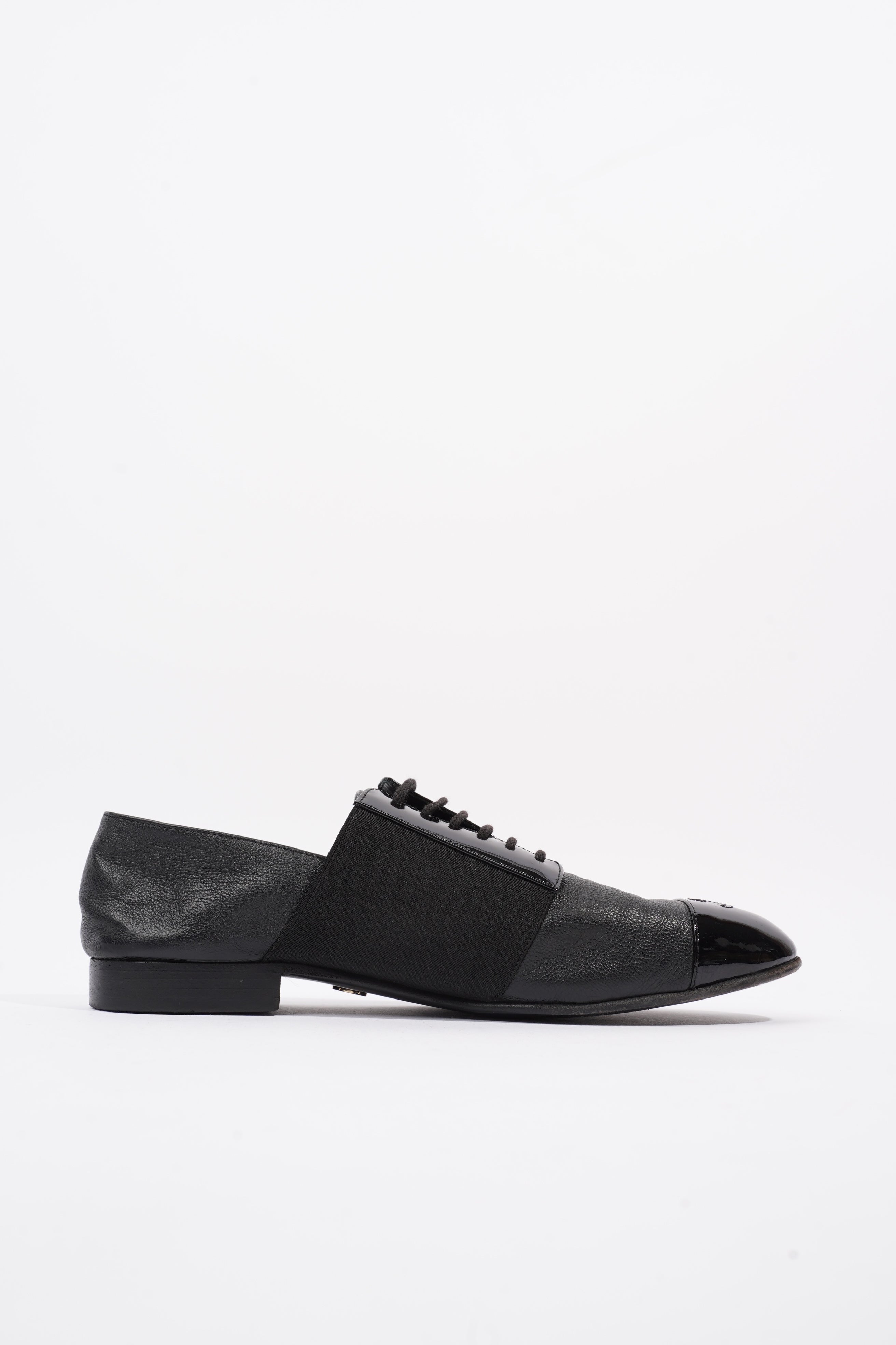 Chanel Patent Toe Cap Lace Up Shoes Black Leather EU 41.5 UK 8.5