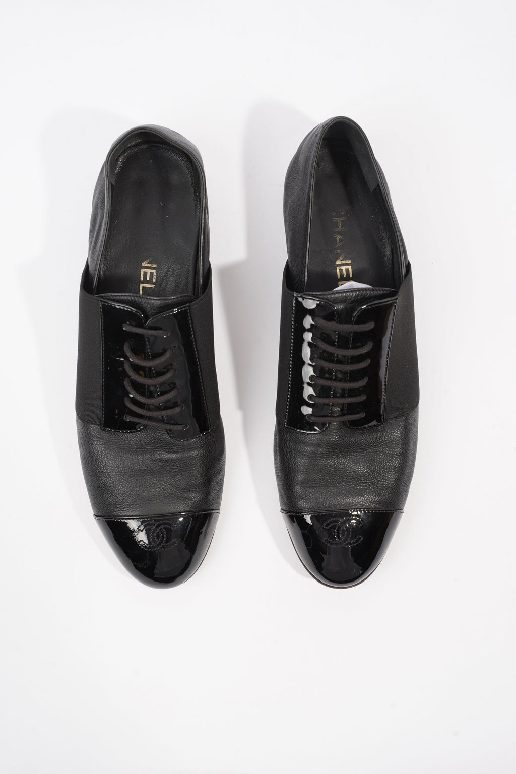 Chanel Patent Toe Cap Lace Up Shoes Black Leather EU 41.5 UK 8.5