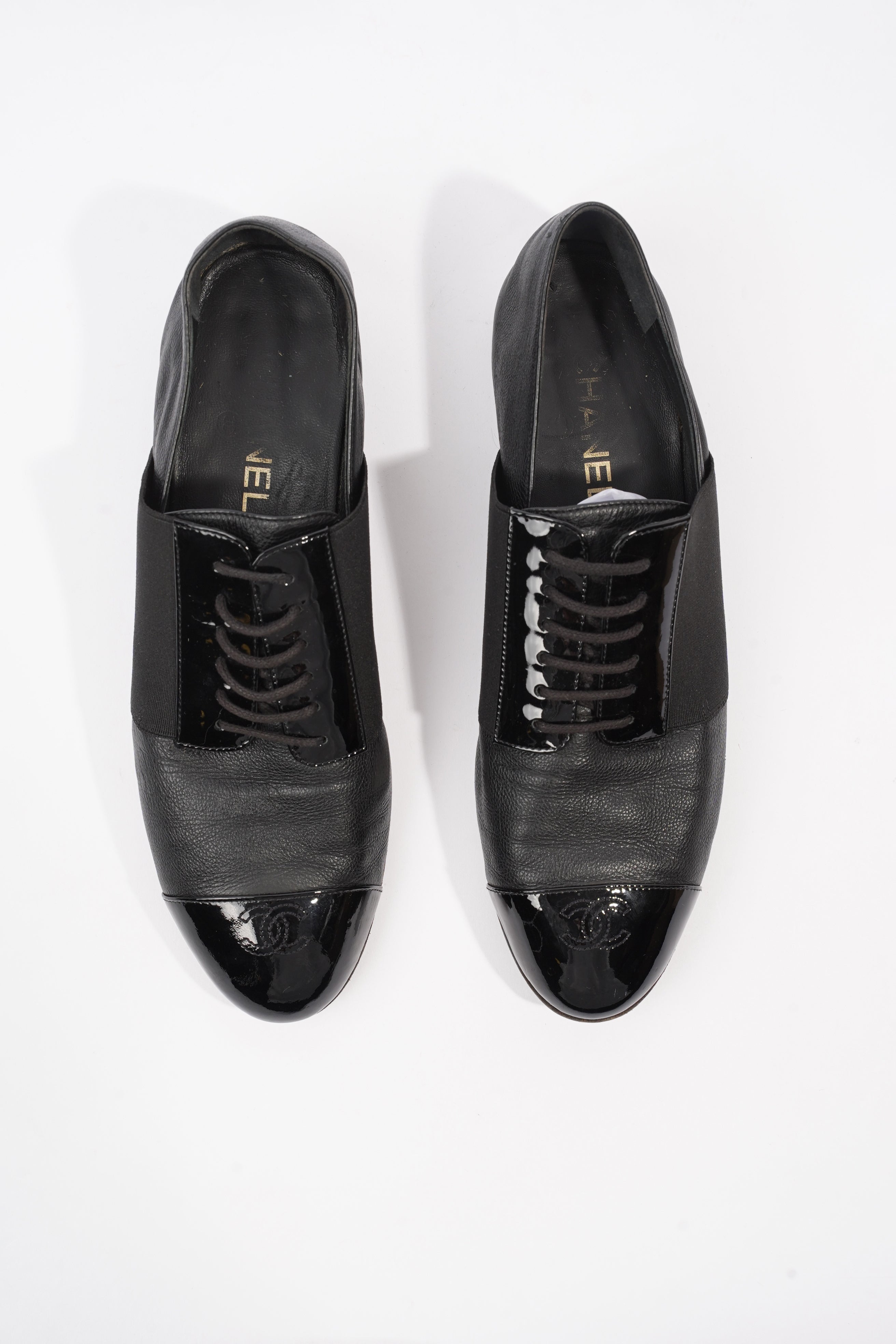 Chanel Patent Toe Cap Lace Up Shoes Black Leather EU 41.5 UK 8.5
