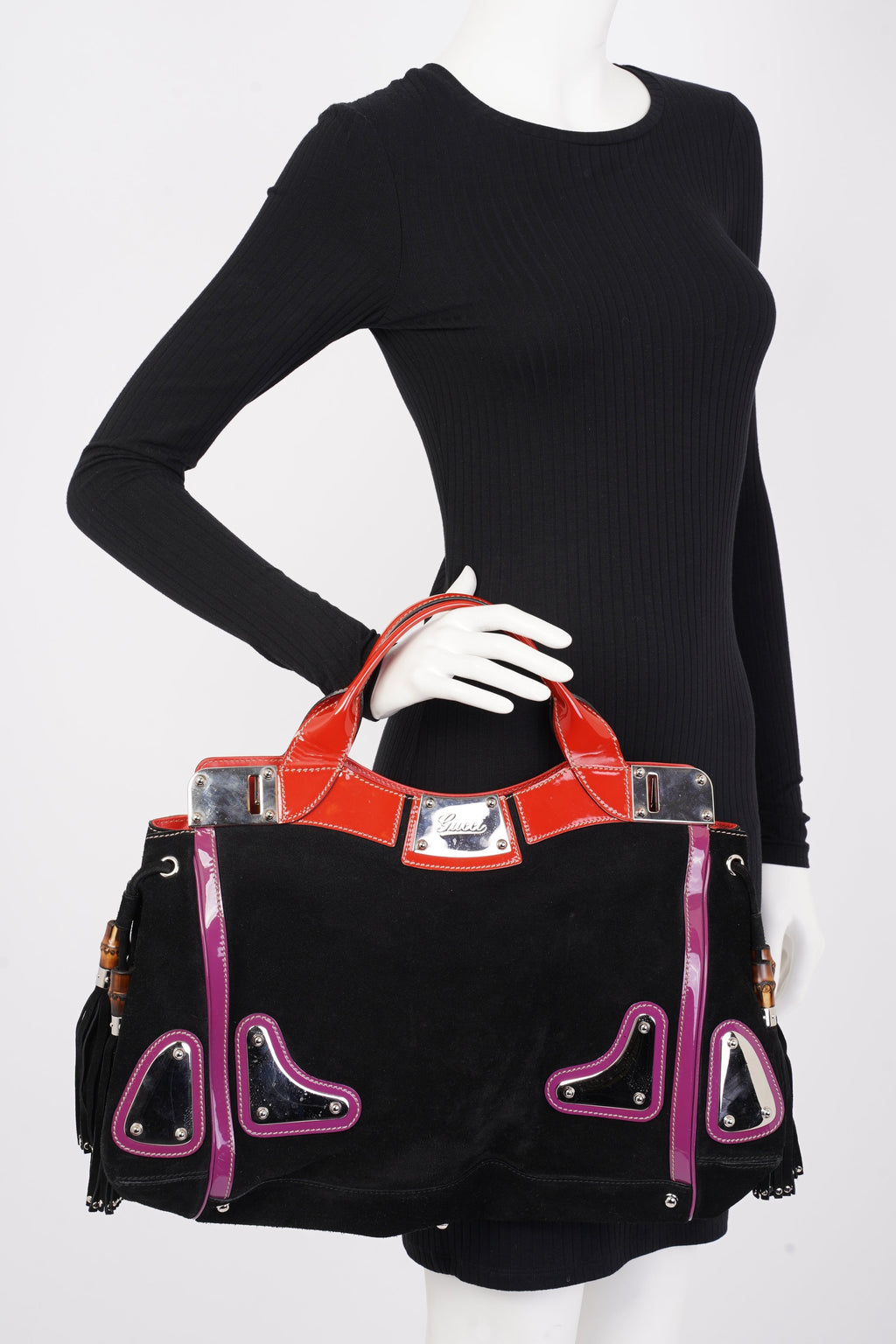 Gucci Race Tote Black / Purple / Red Suede Medium