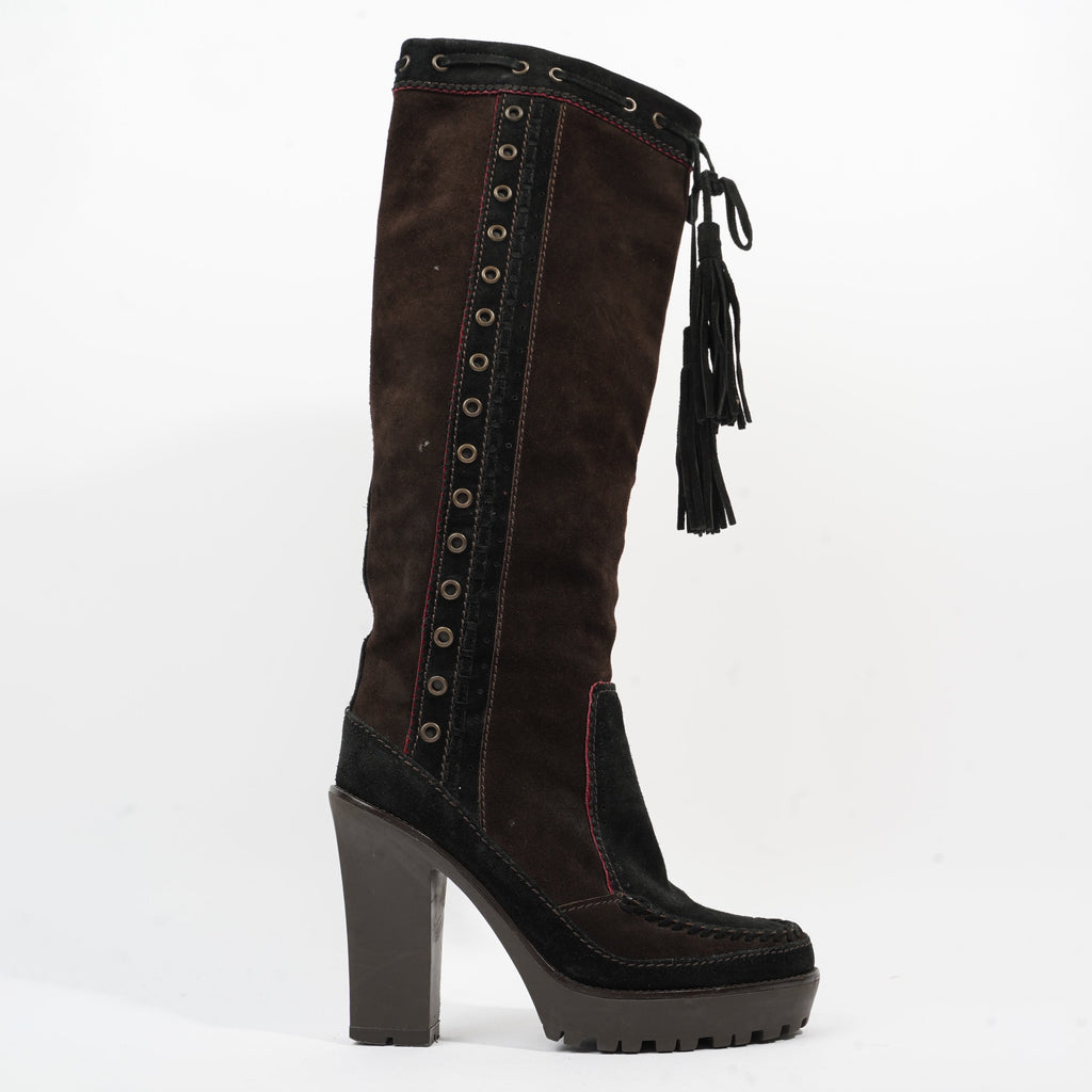Saint Laurent Block Heel Boot Brown / Black Suede EU 38 UK 5