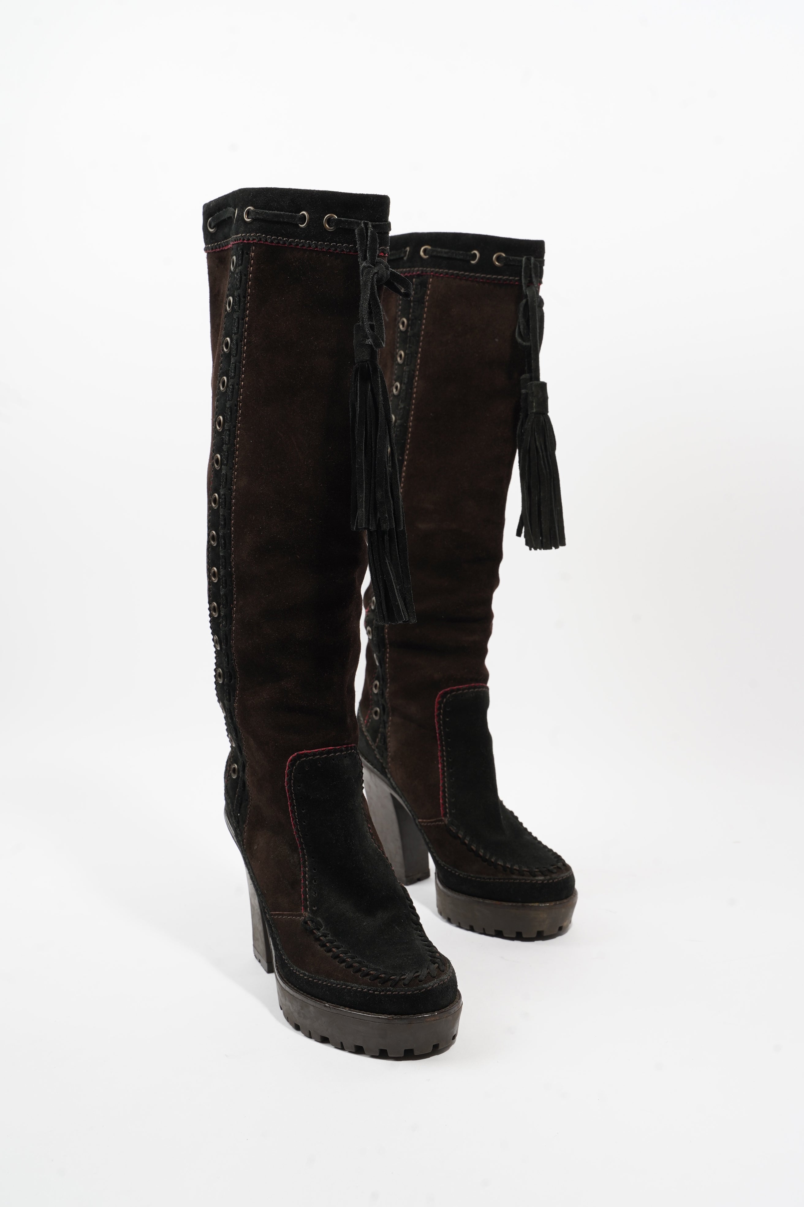 Saint Laurent Block Heel Boot Brown / Black Suede EU 38 UK 5