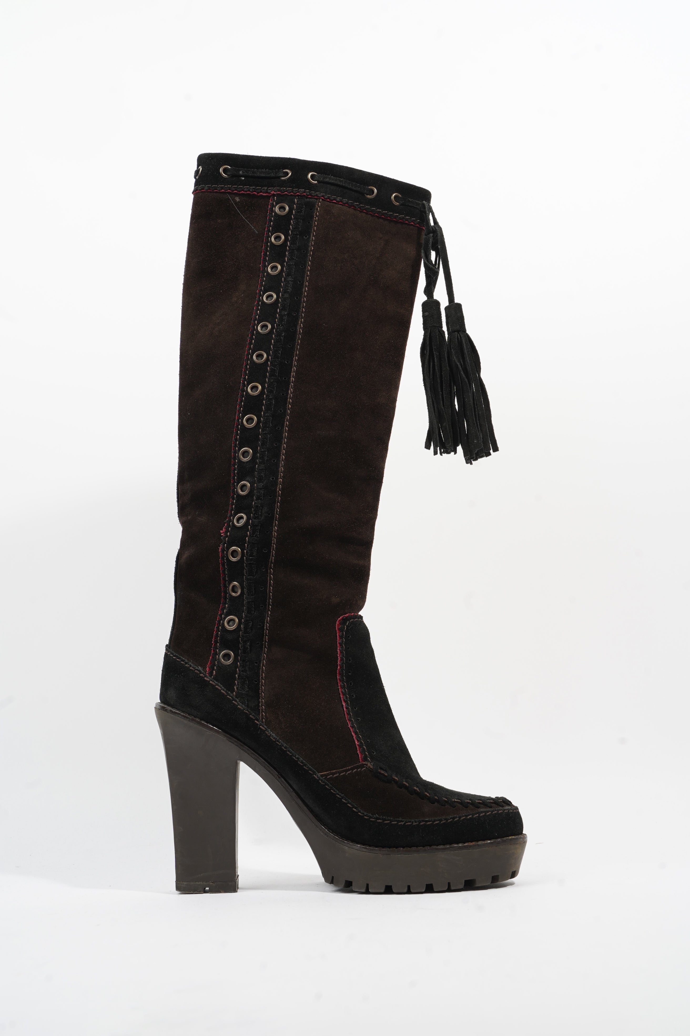 Saint Laurent Block Heel Boot Brown / Black Suede EU 38 UK 5