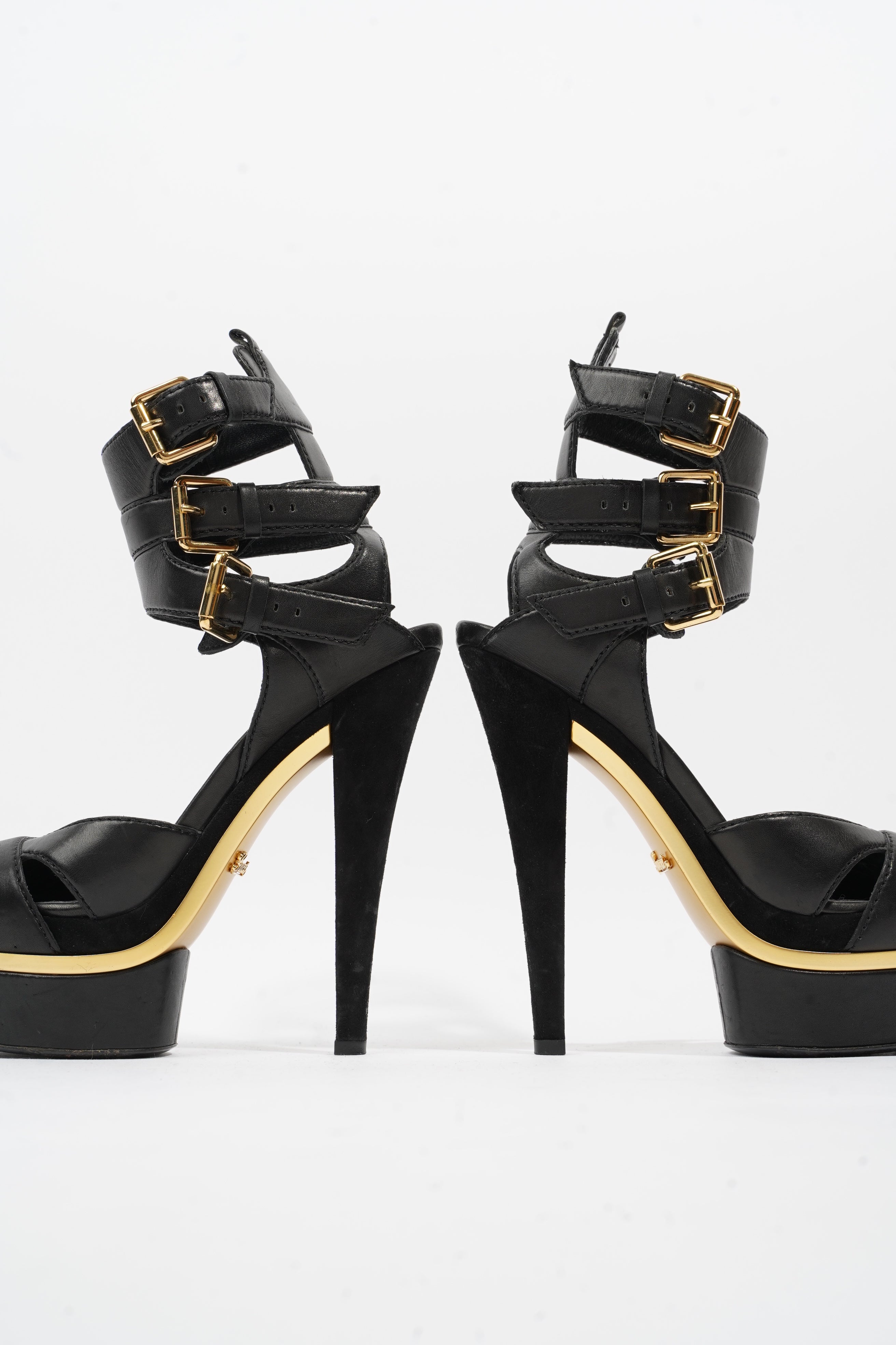 Gucci Strap Sandal 130 Black / Gold Leather 5