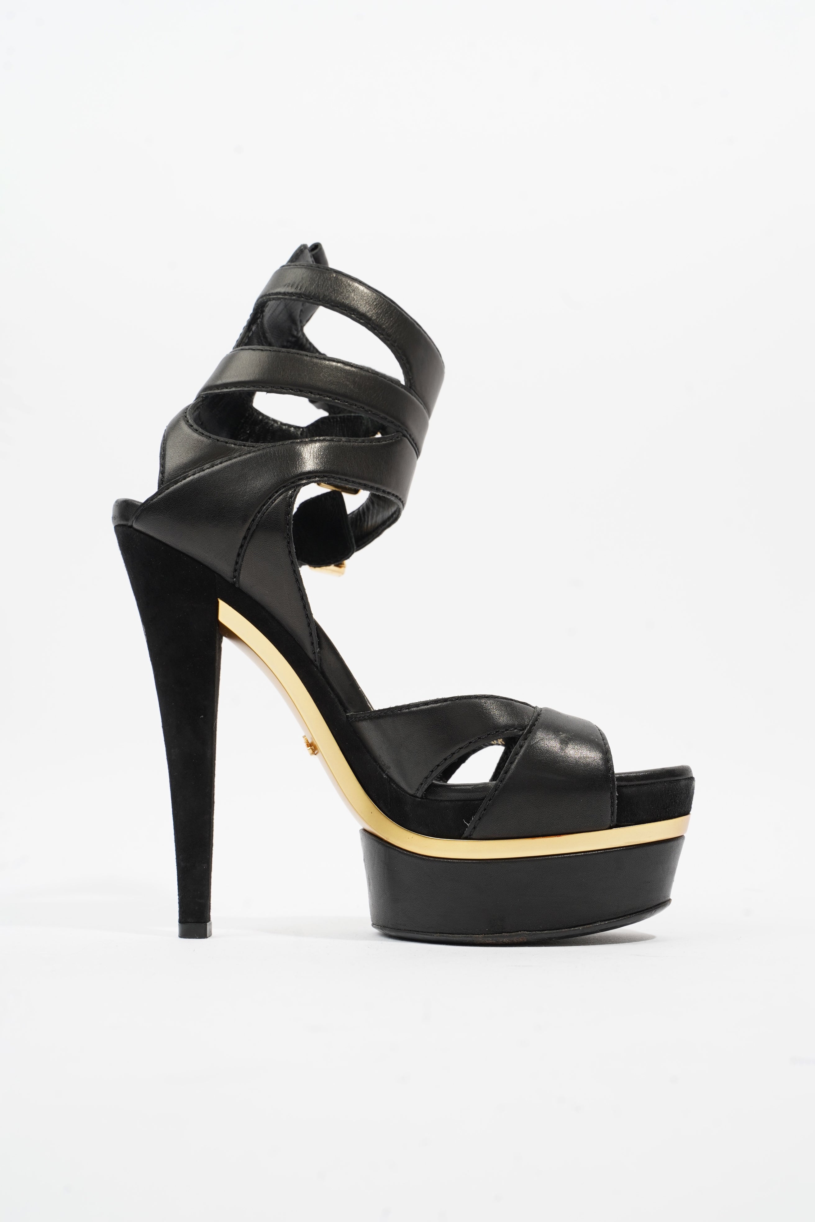 Gucci Strap Sandal 130 Black / Gold Leather 5