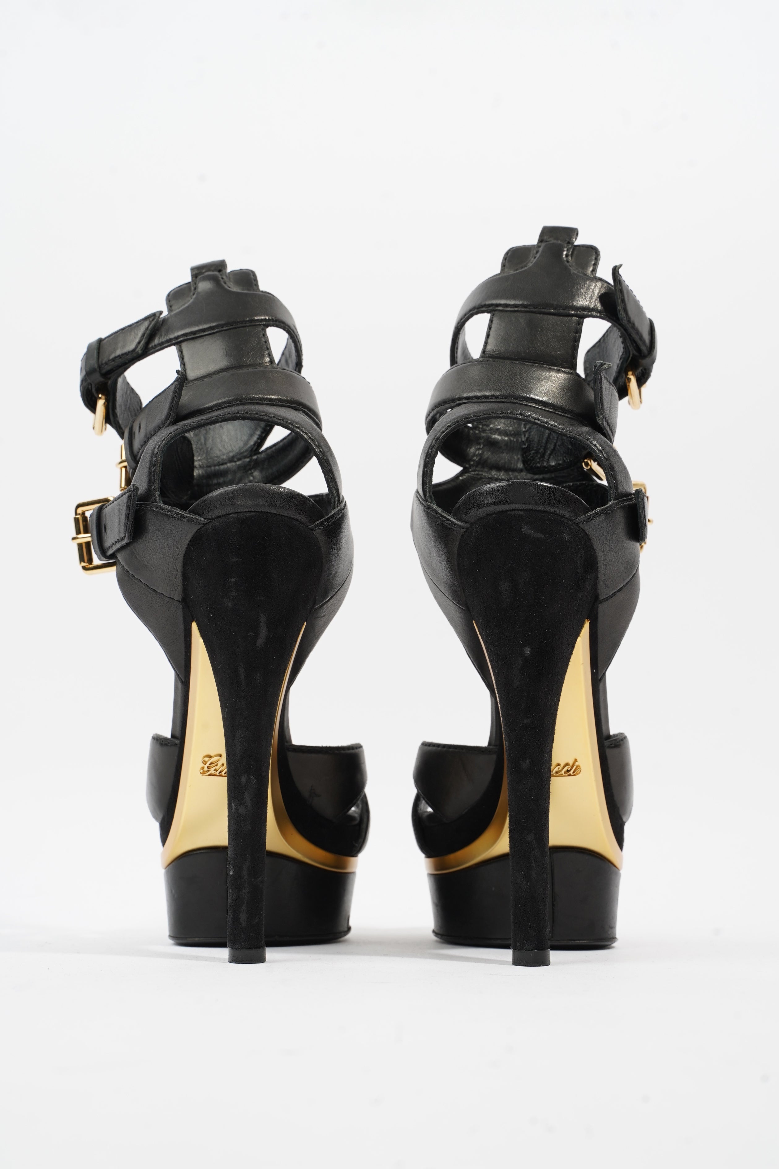 Gucci Strap Sandal 130 Black / Gold Leather 5