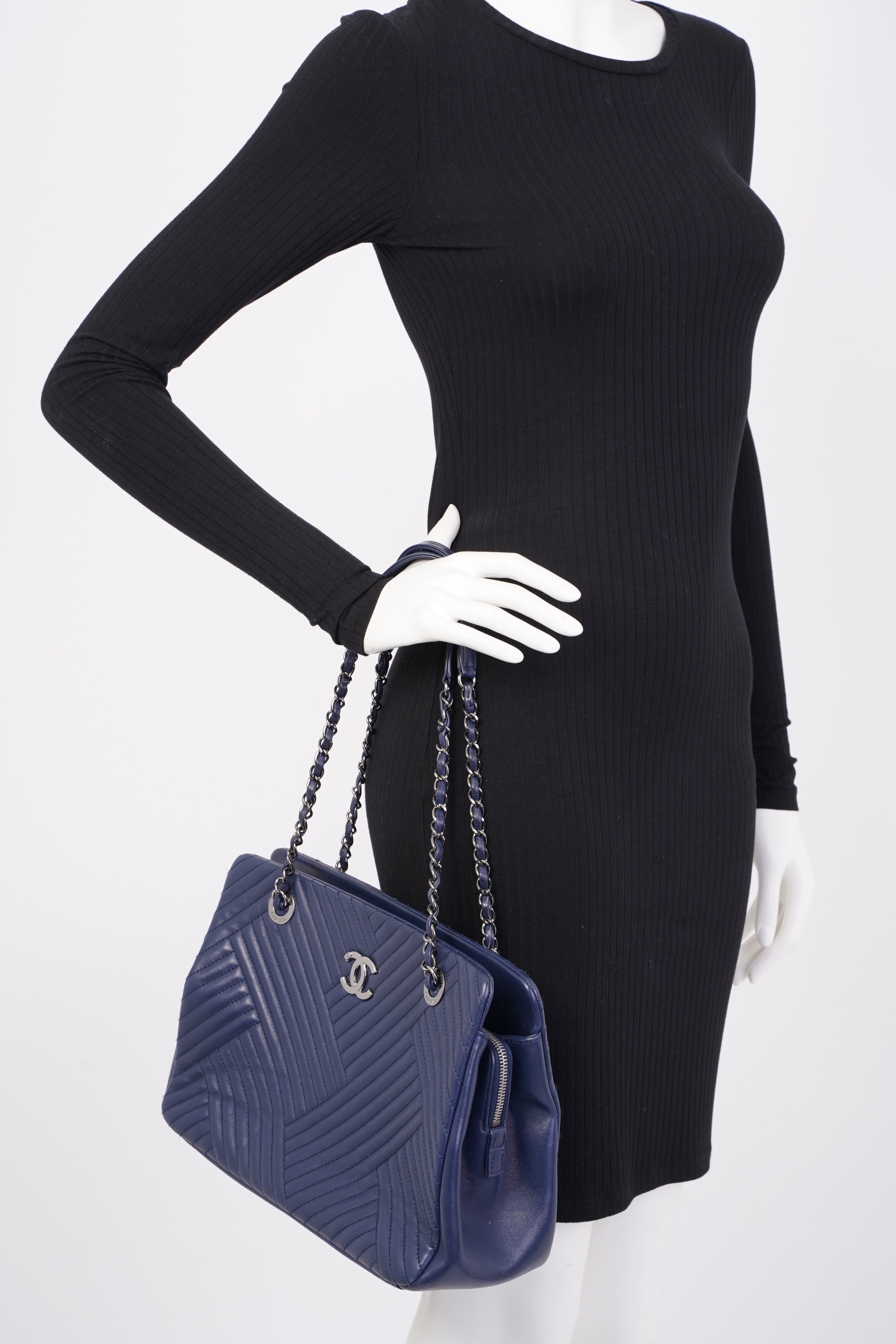 Chanel Chevron Tote Navy Lambskin Leather