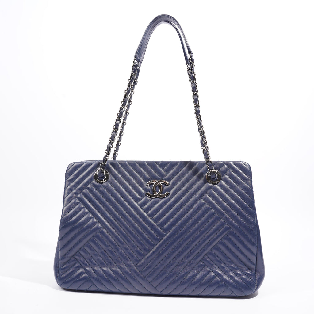 Chanel Chevron Tote Navy Lambskin Leather