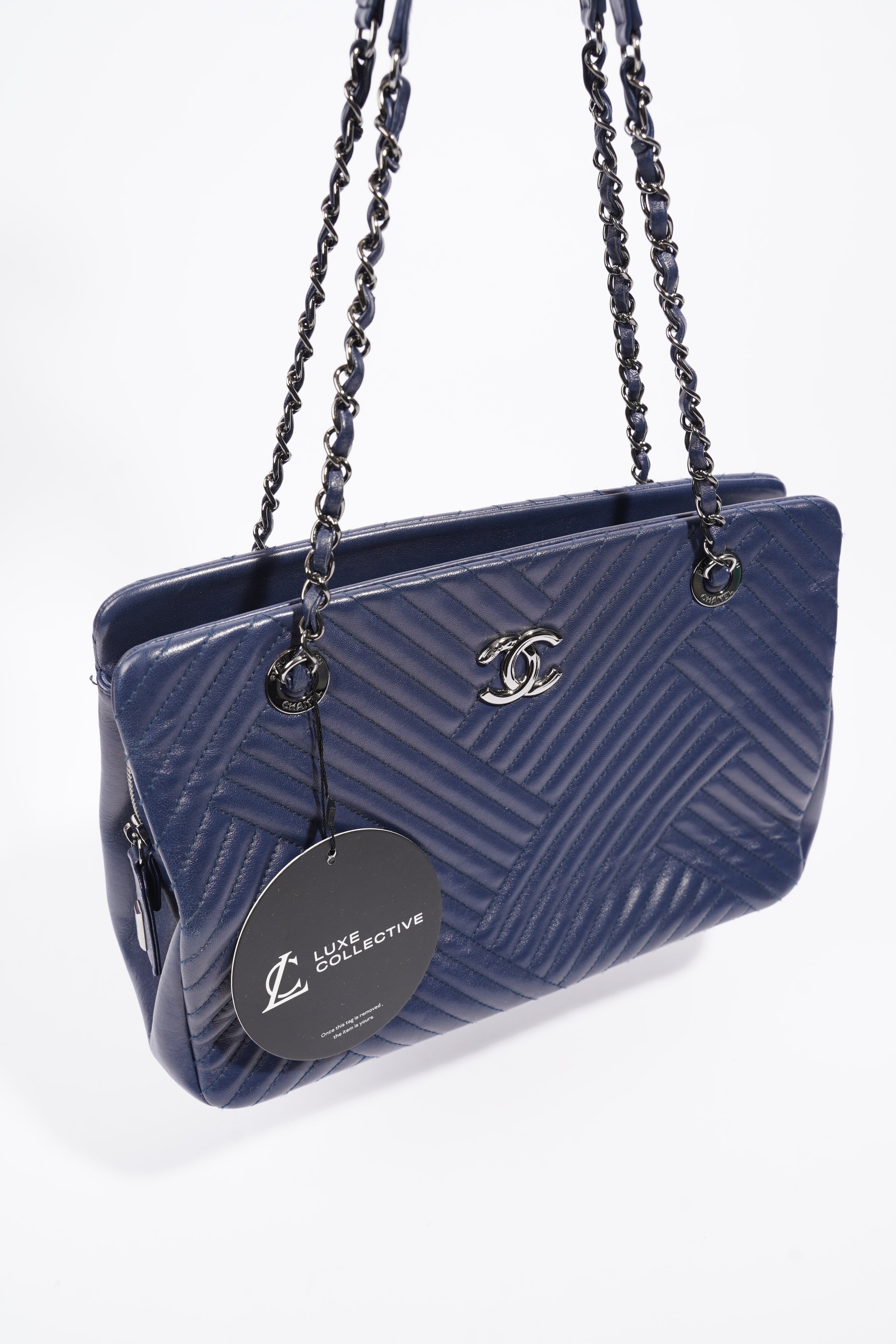 Chanel Chevron Tote Navy Lambskin Leather