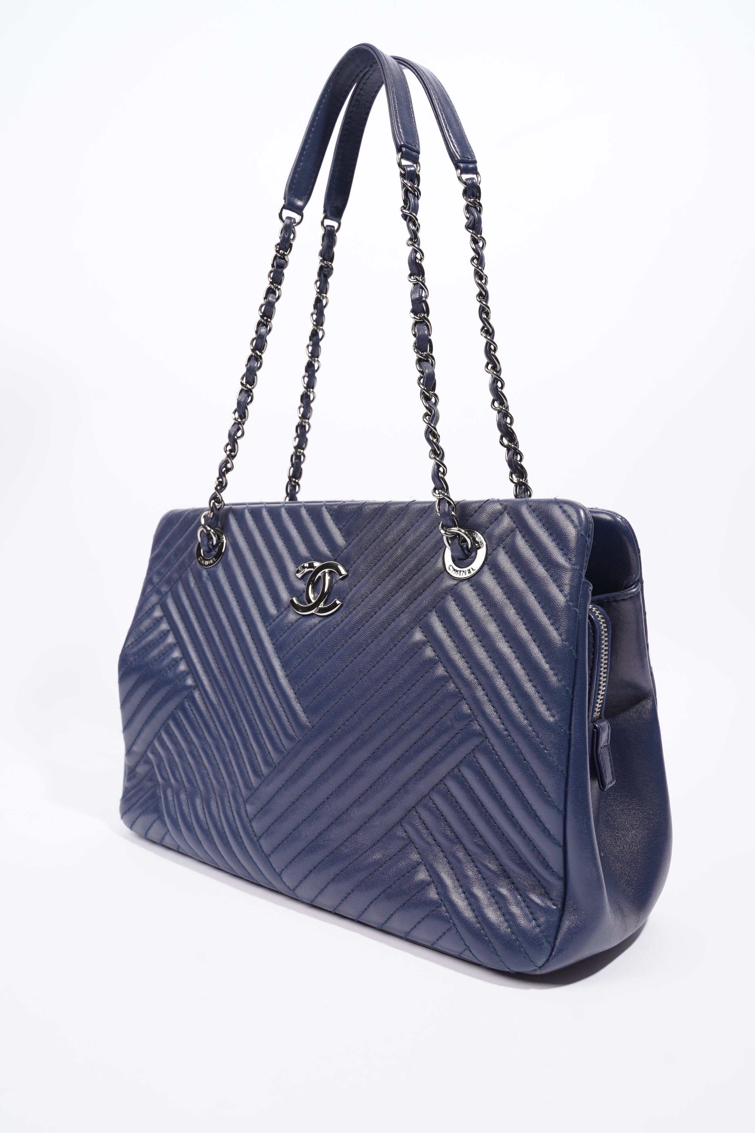 Chanel Chevron Tote Navy Lambskin Leather