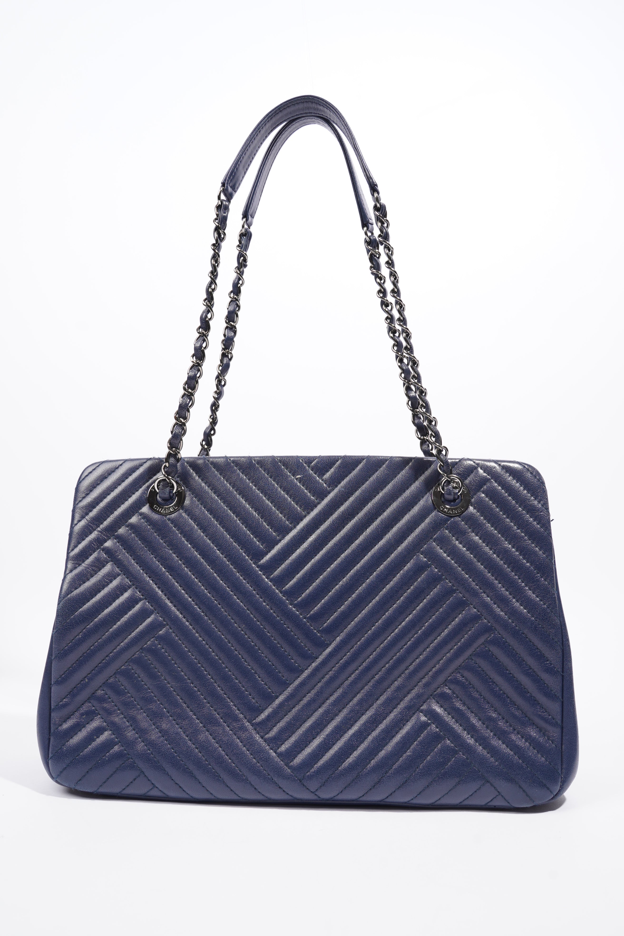 Chanel Chevron Tote Navy Lambskin Leather