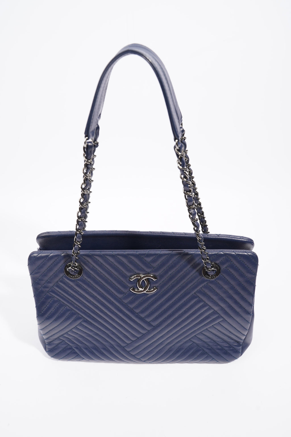 Chanel Chevron Tote Navy Lambskin Leather