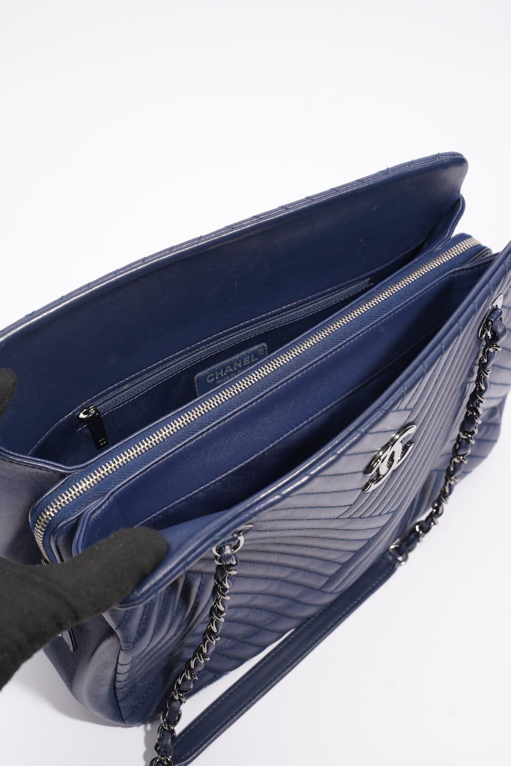 Chanel Chevron Tote Navy Lambskin Leather
