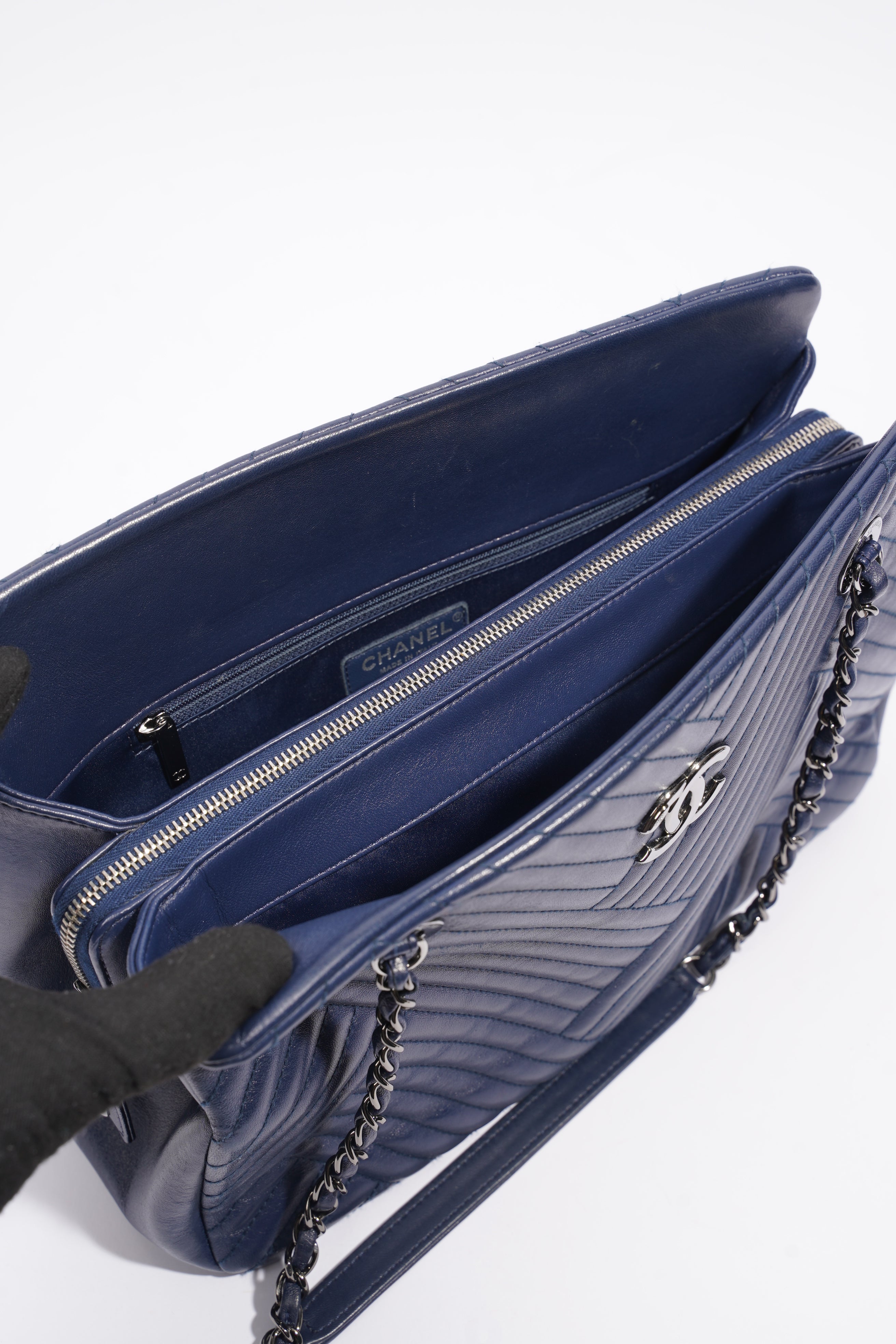 Chanel Chevron Tote Navy Lambskin Leather