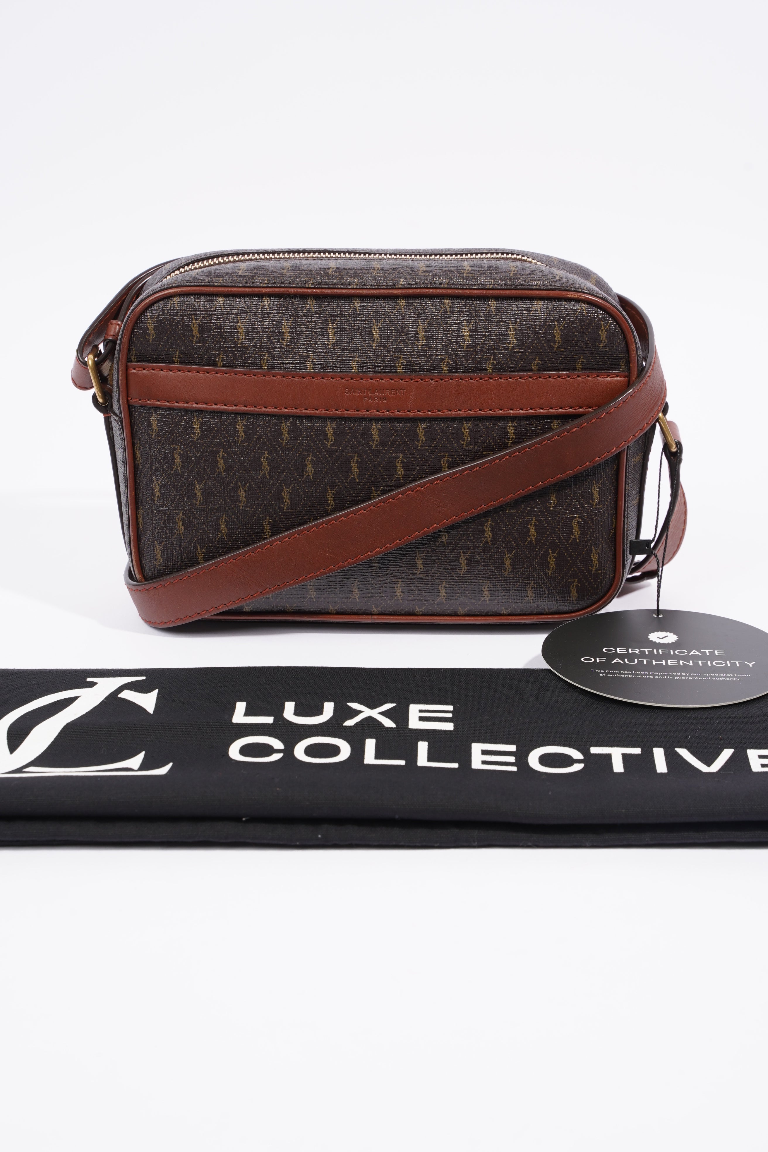 Saint Laurent Le Monogramme Camera Chestnut Cassandre Canvas Coated Canvas