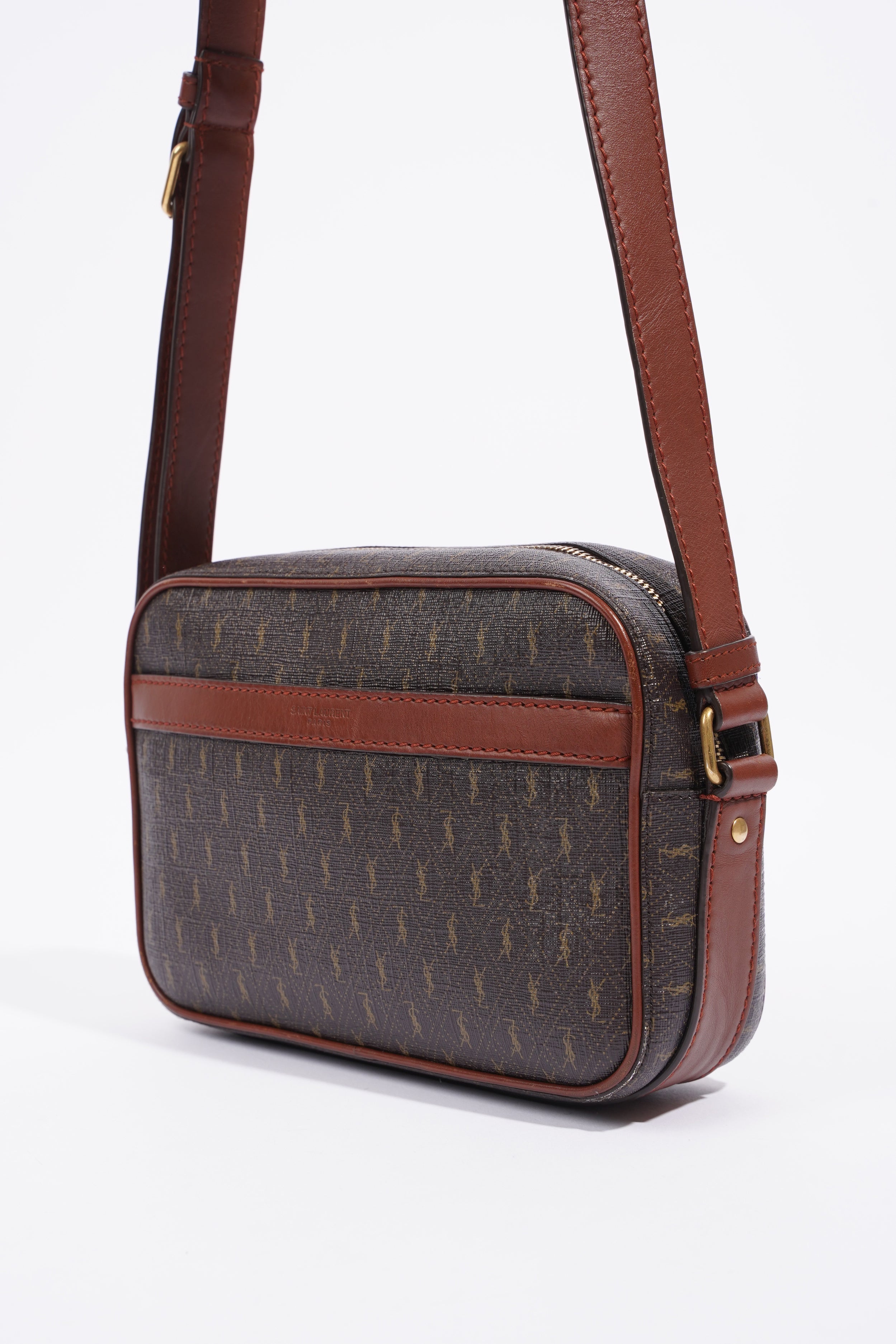 Saint Laurent Le Monogramme Camera Chestnut Cassandre Canvas Coated Canvas