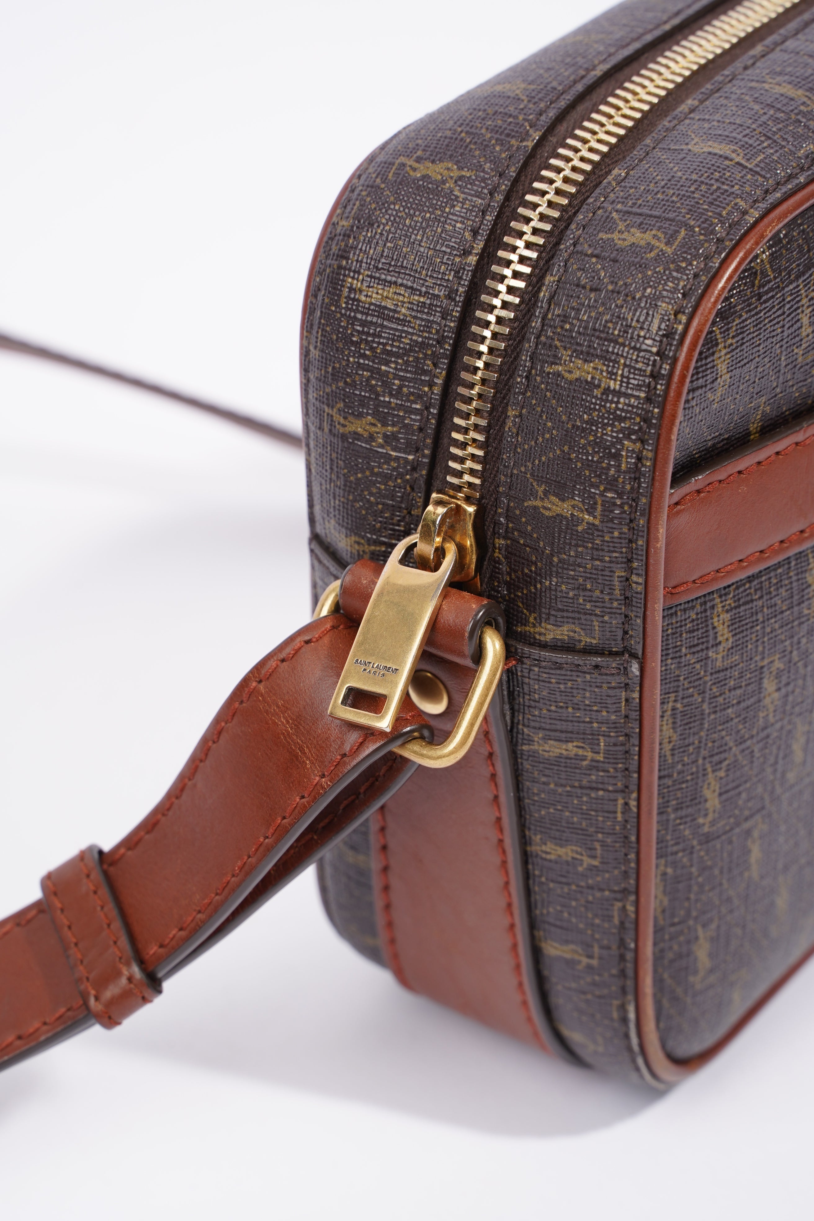Saint Laurent Le Monogramme Camera Chestnut Cassandre Canvas Coated Canvas