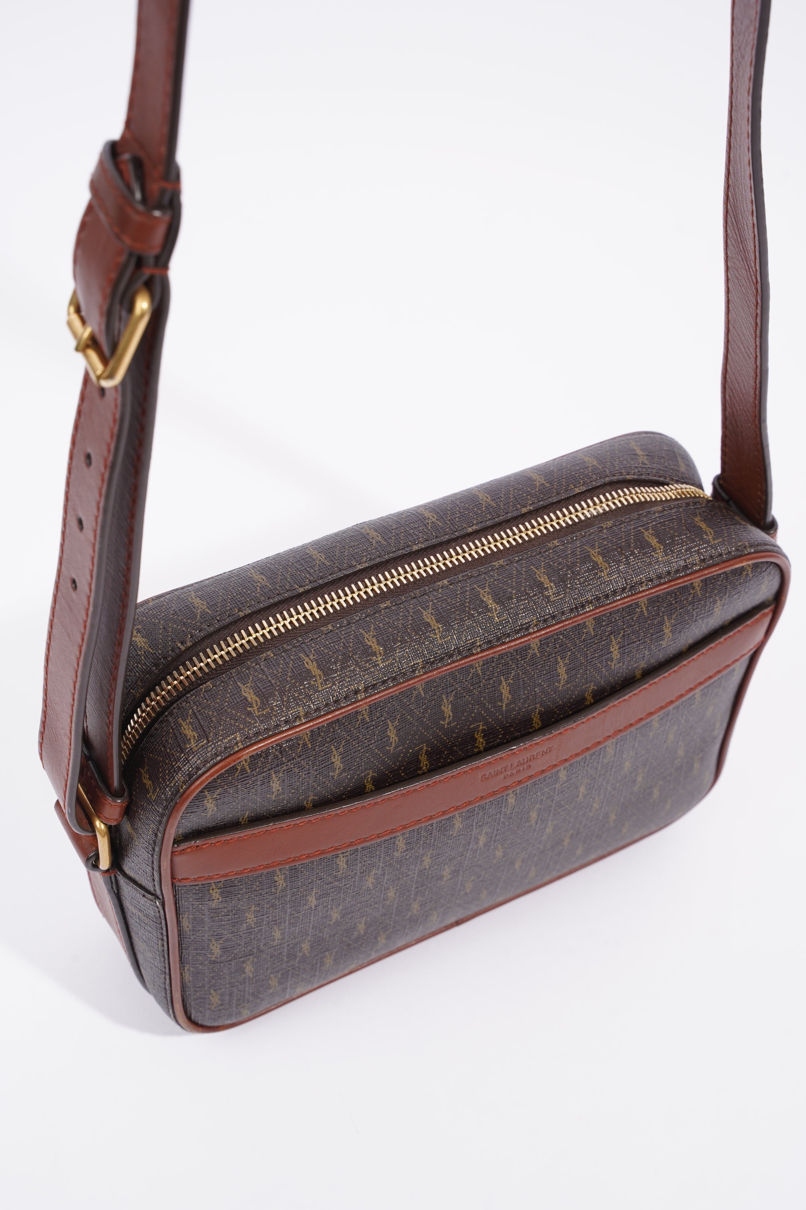 Saint Laurent Le Monogramme Camera Chestnut Cassandre Canvas Coated Canvas