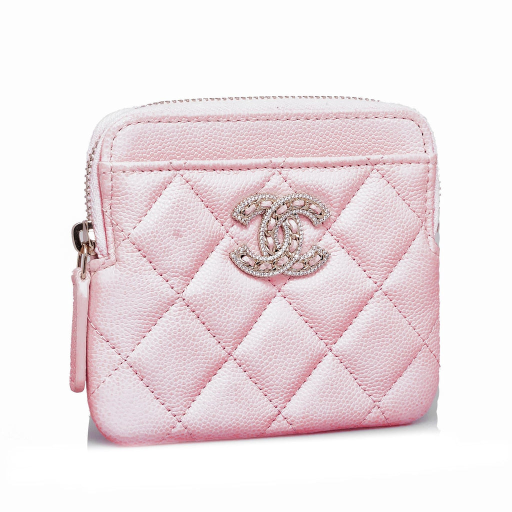 Chanel Caviar CC Crystal Woven Square Zip Around Card Holder (SHG-07vPg1)