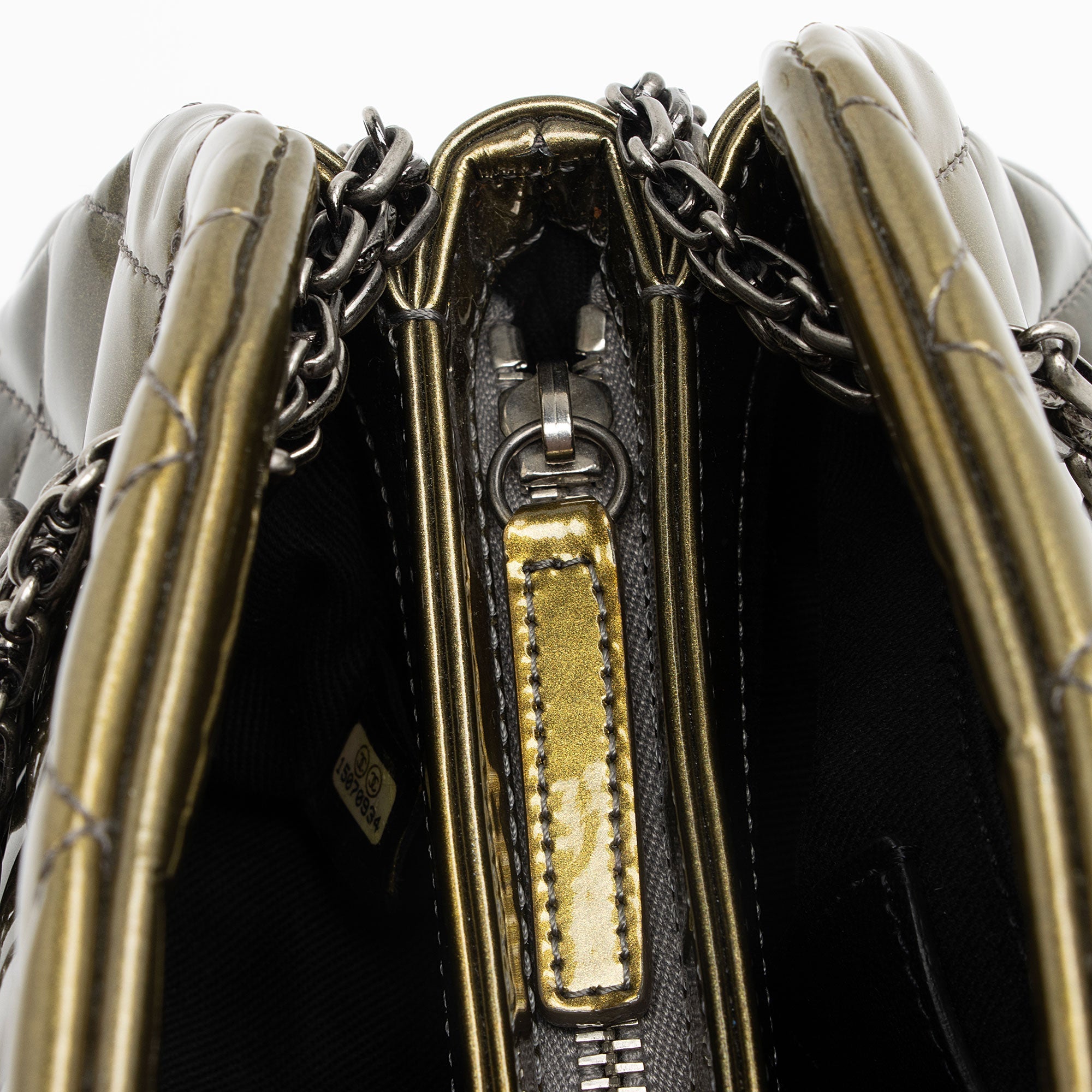 Chanel Metallic Patent Leather Just Mademoiselle Bowler Small Satchel (SHF-9cE7hE)