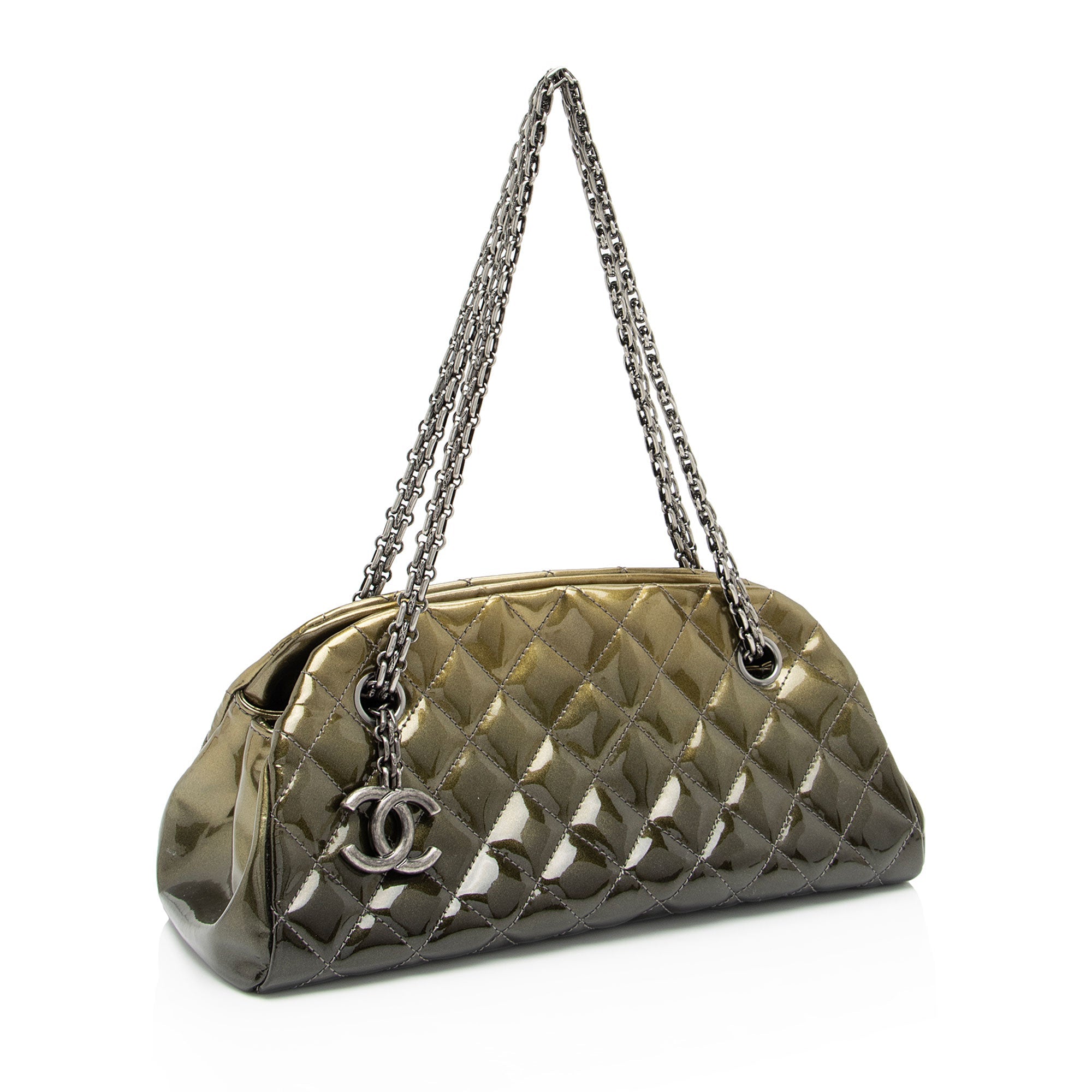 Chanel Metallic Patent Leather Just Mademoiselle Bowler Small Satchel (SHF-9cE7hE)