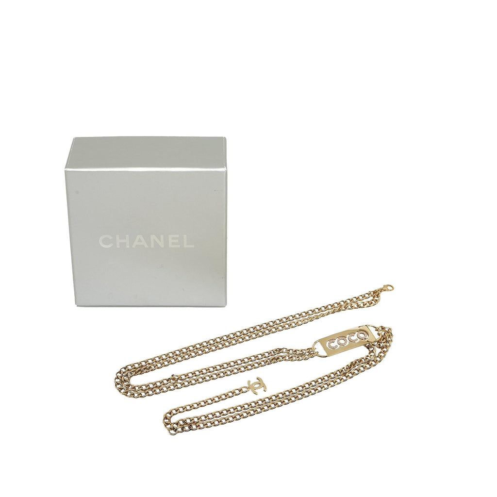 Chanel Rhinestone Coco Name Plate Chain-Link Belt - 35 / 90.00 (SHG-XLnxAn)