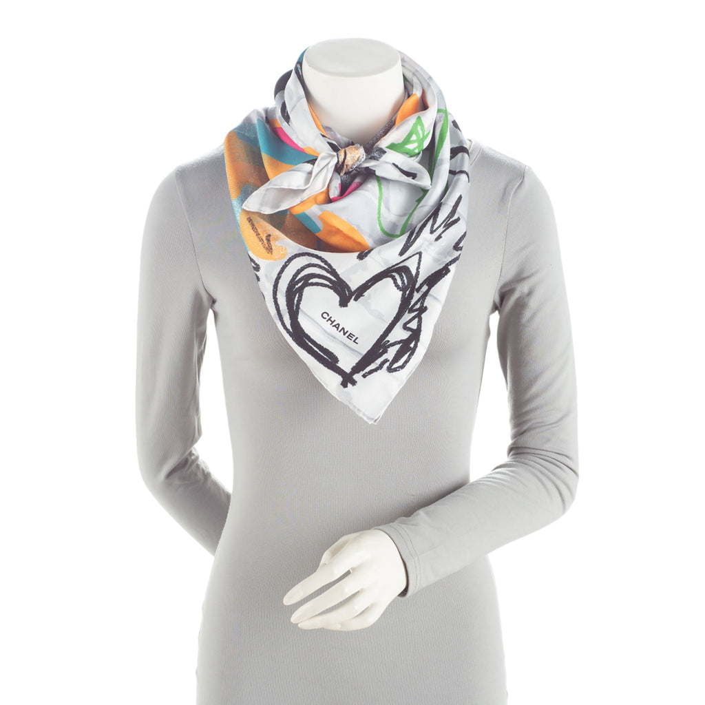 Chanel Silk Make Fashion Not War Graffiti 90cm Scarf (SHF-YD4Jrm)