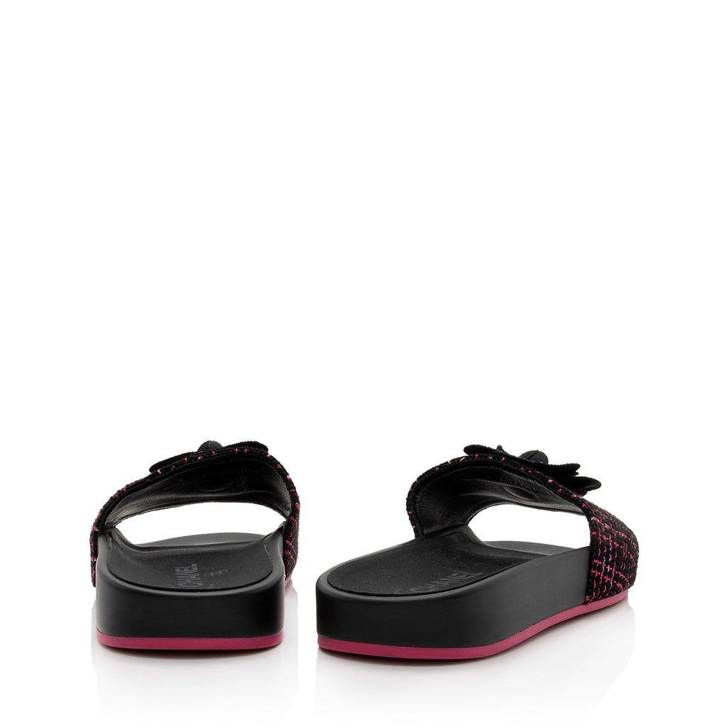 Chanel Tweed And Grosgrain Ribbon Camellia Slide Sandals - Size 8 / 38 (SHF-MS8WJl)