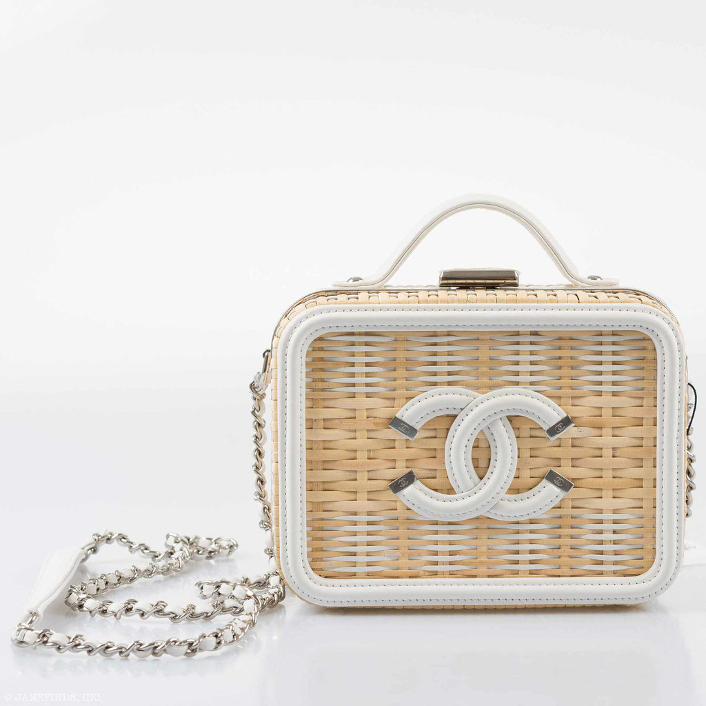 Chanel Vanity Case Beige & White, Rattan, Patent Calfskin & Silver-Tone Metal