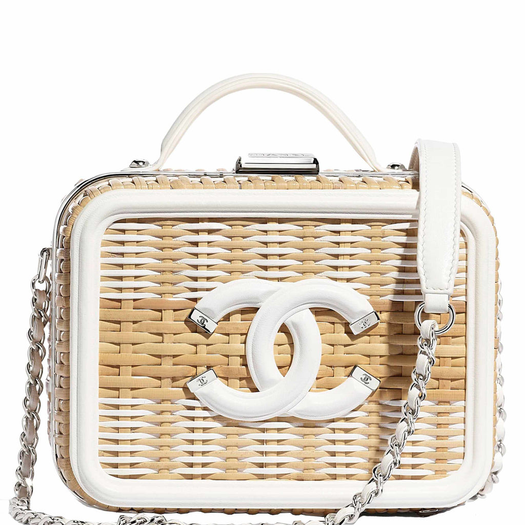 Chanel Vanity Case Beige & White, Rattan, Patent Calfskin & Silver-Tone Metal