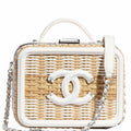 Chanel Vanity Case Beige & White, Rattan, Patent Calfskin & Silver-Tone Metal