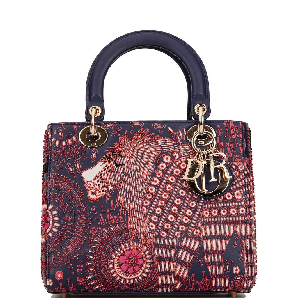 Christian Dior Medium Lady Dior Tote Navy Beaded Leather Gold Hardware