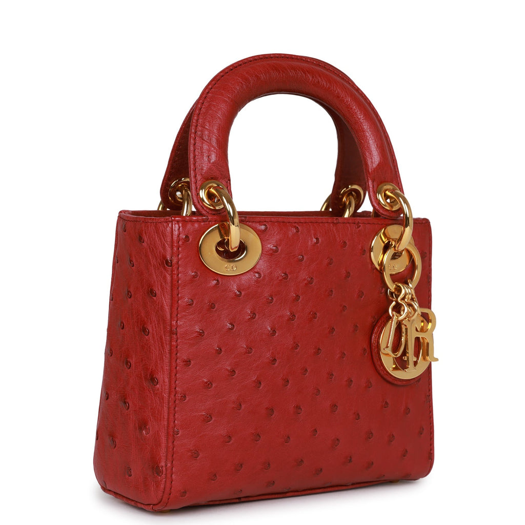 Christian Dior Mini Lady Bag Burgundy Ostrich Gold Hardware