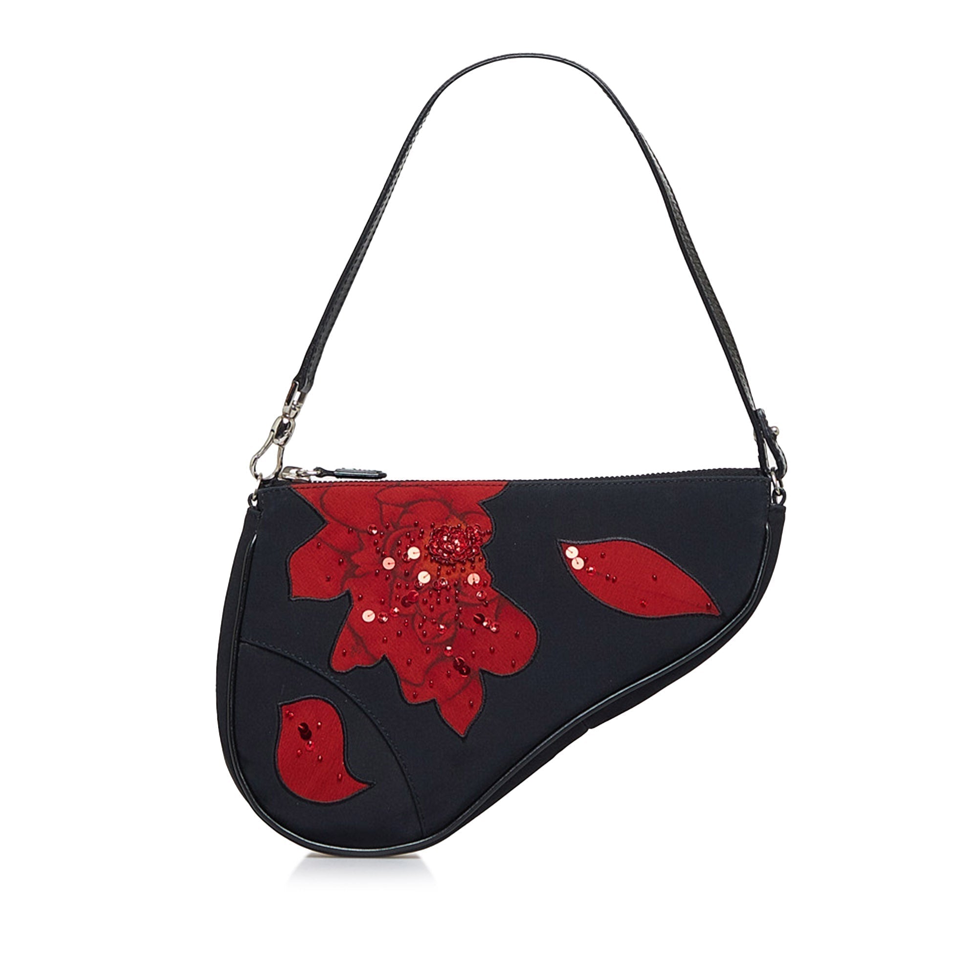 Dior Beaded Floral Saddle Pochette Black