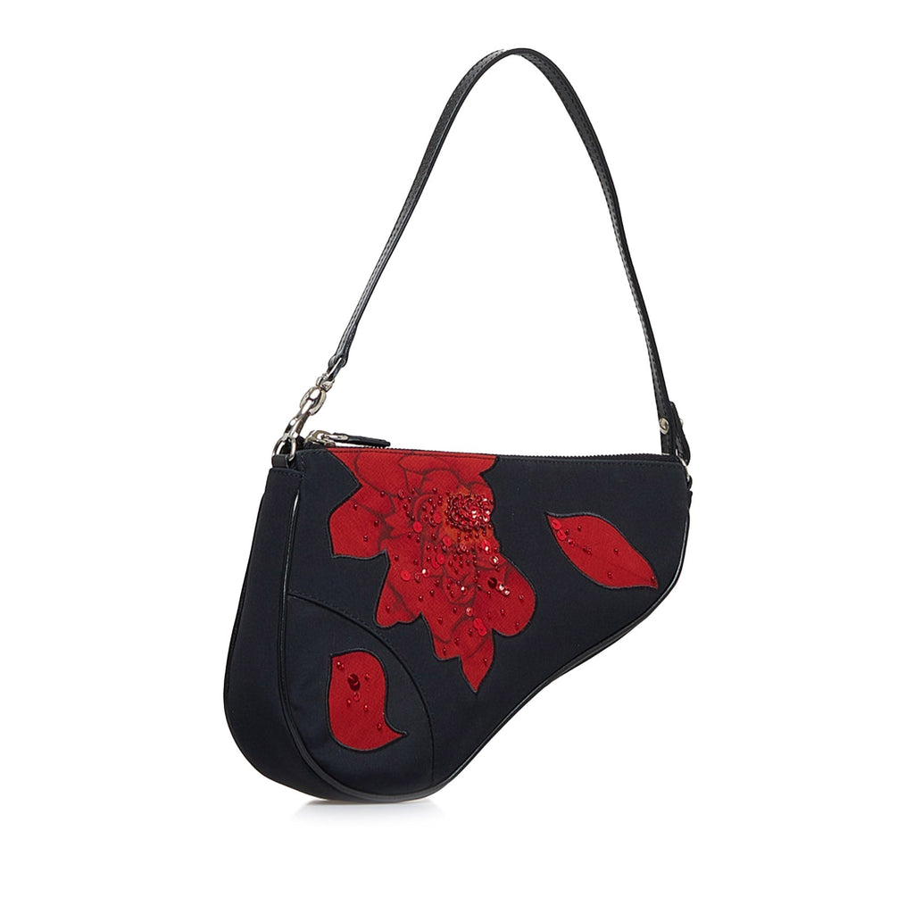 Dior Beaded Floral Saddle Pochette Black