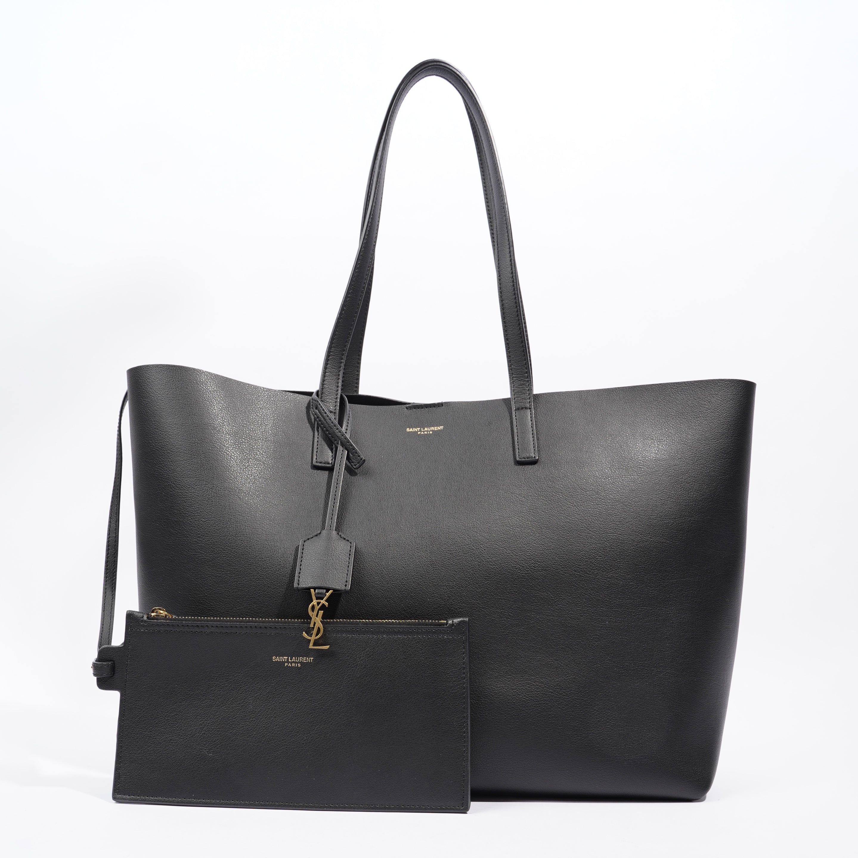 Saint Laurent Logo Print Tote Black Leather Large
