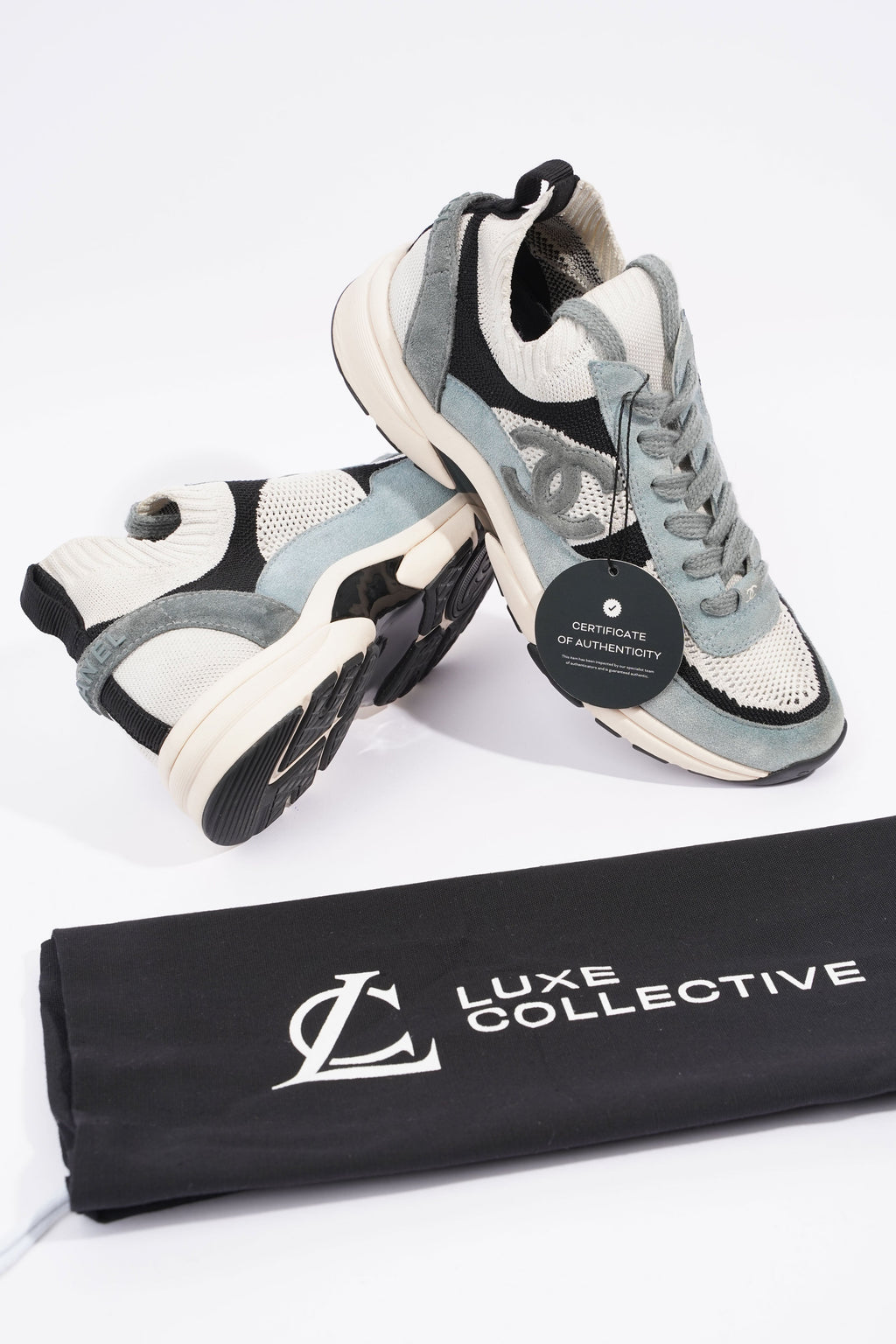 Chanel CC Logo Knit Sneaker White / Blue / Black Suede EU 38.5 UK 5.5
