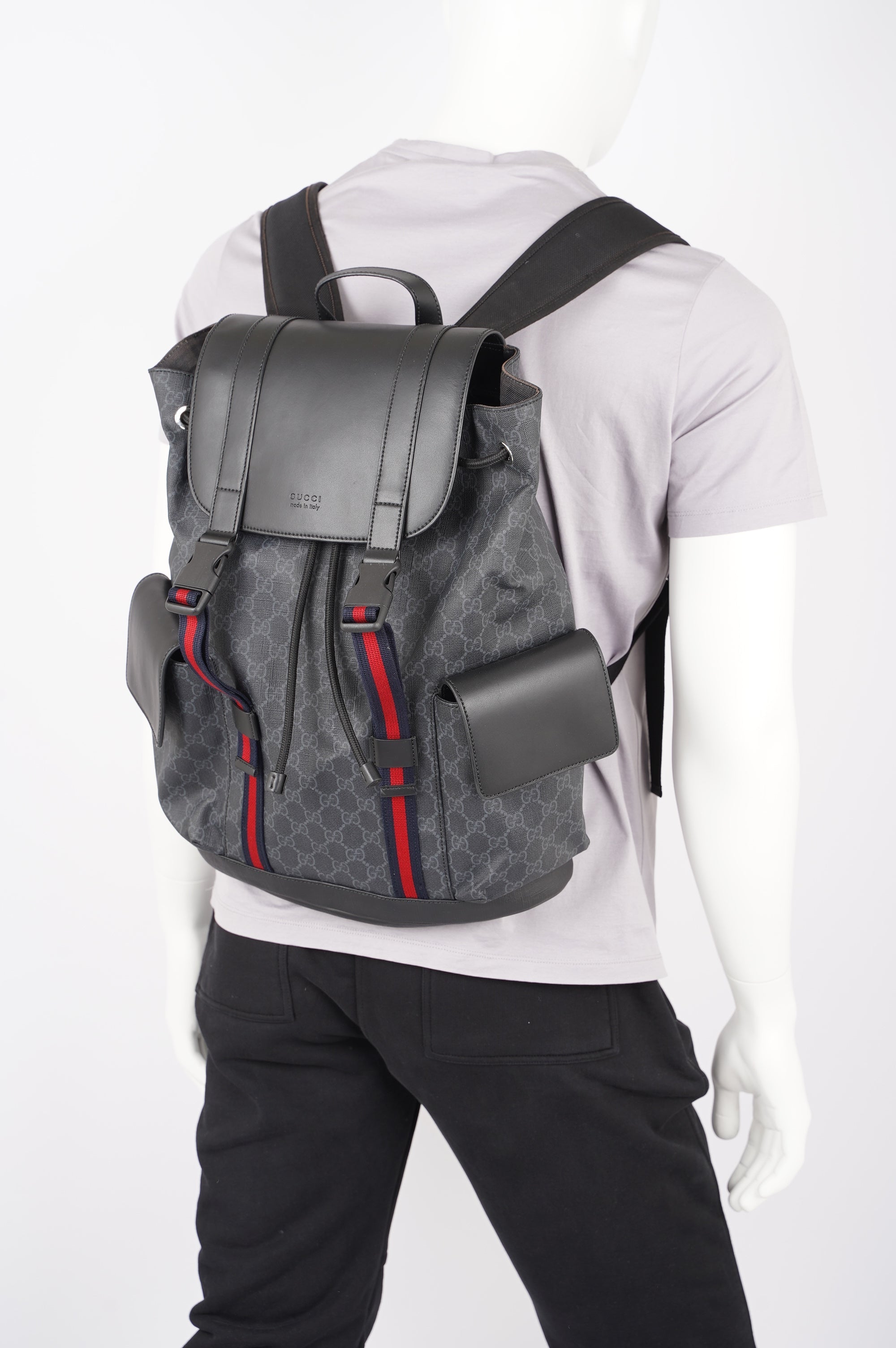 Gucci Mens GG Web Backpack Grey Canvas
